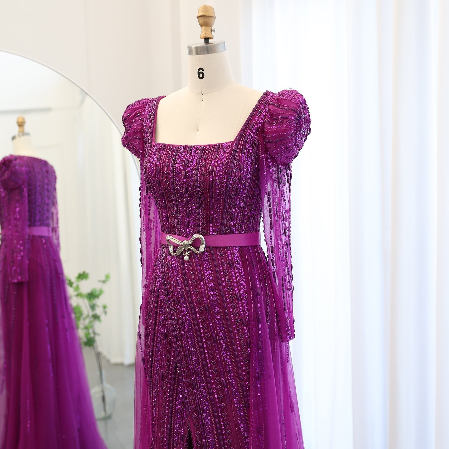 Luxury Fuchsia Long Sleeve Evening Dress with Overskirt SS318