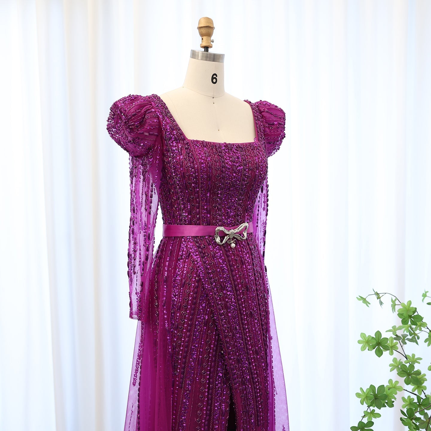 Luxury Fuchsia Long Sleeve Evening Dress with Overskirt SS318