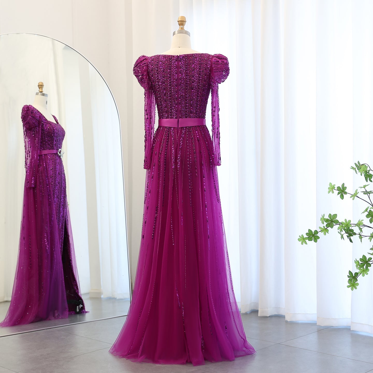 Luxury Fuchsia Long Sleeve Evening Dress with Overskirt SS318