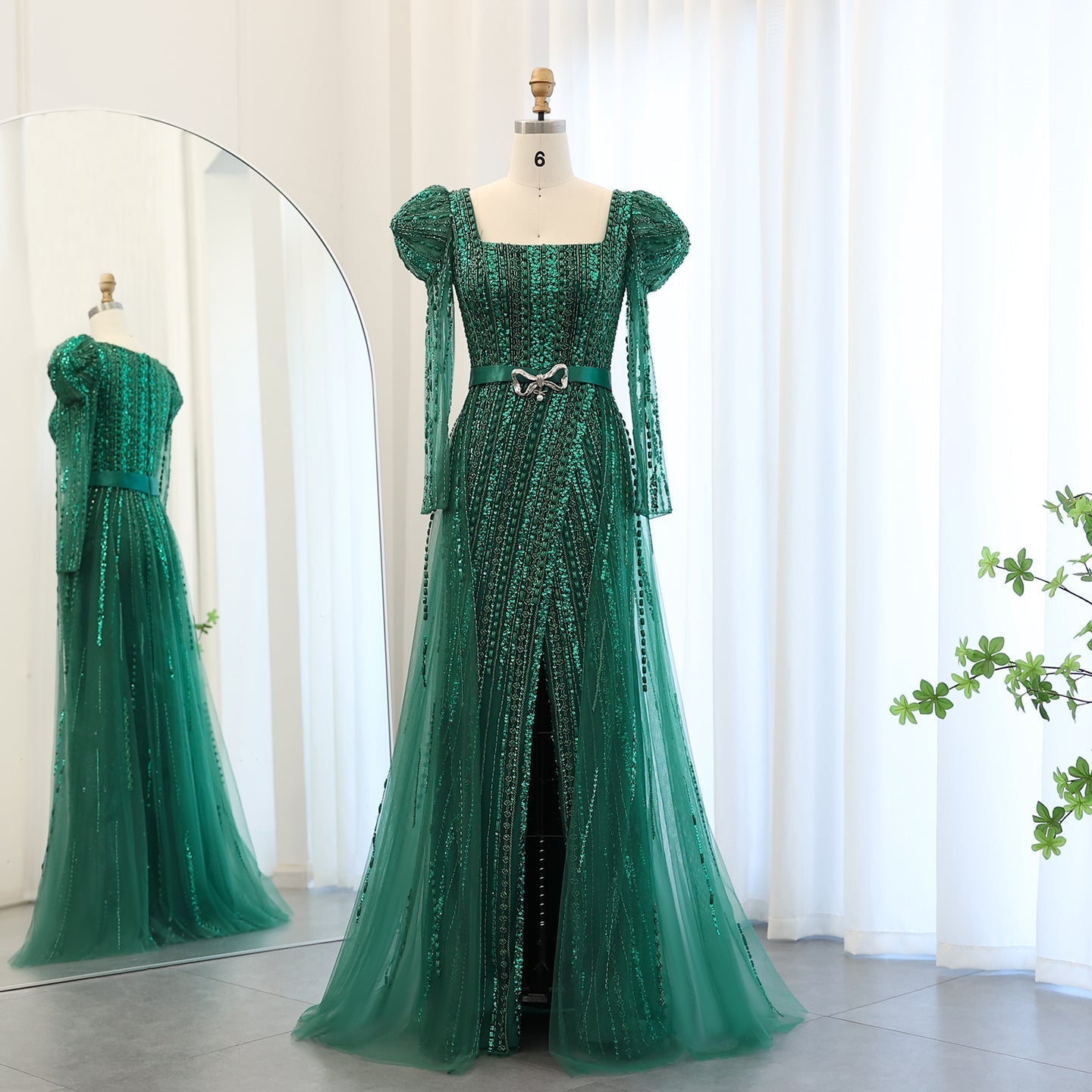 Luxury Fuchsia Long Sleeve Evening Dress with Overskirt SS318  Green / US 4