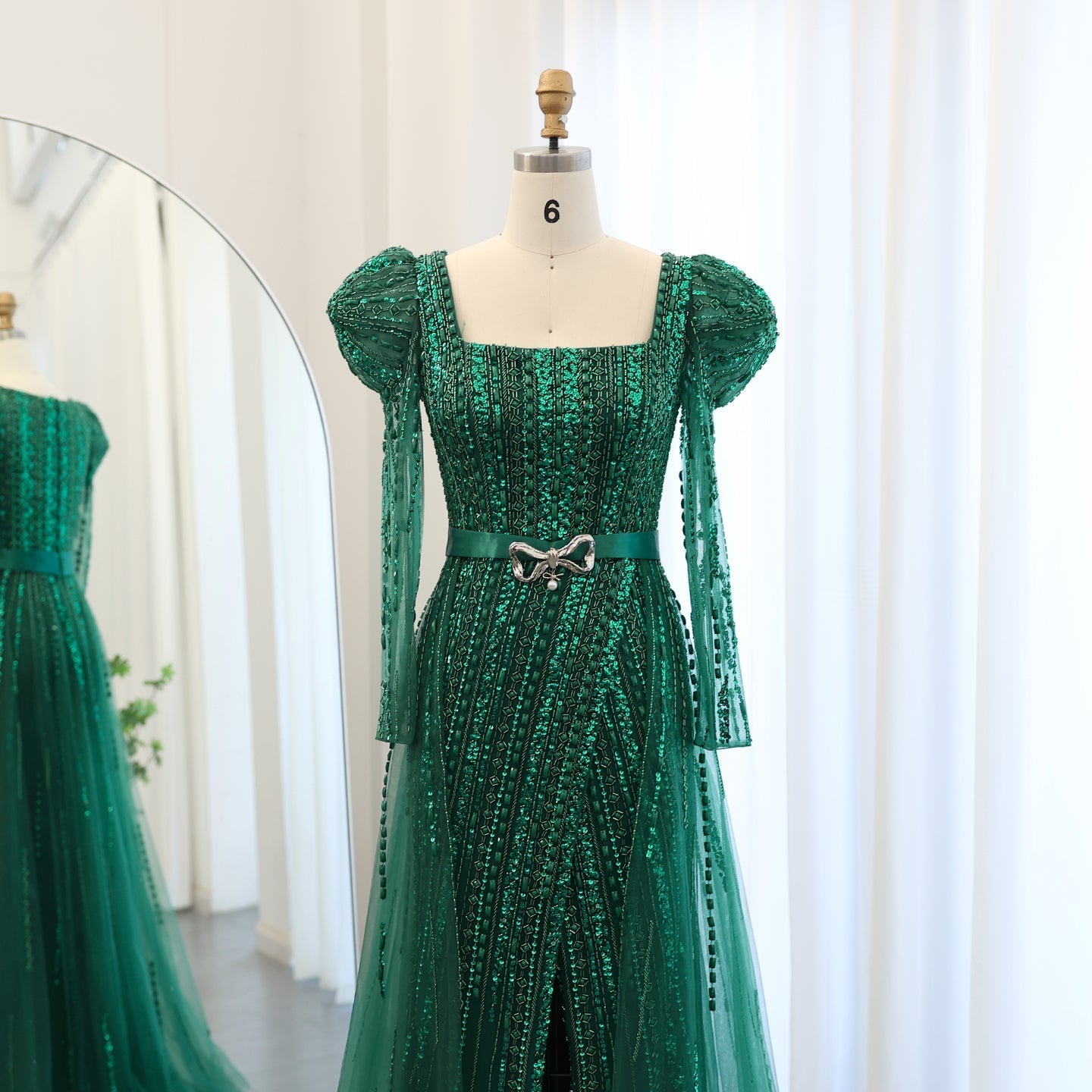 Luxury Fuchsia Long Sleeve Evening Dress with Overskirt SS318