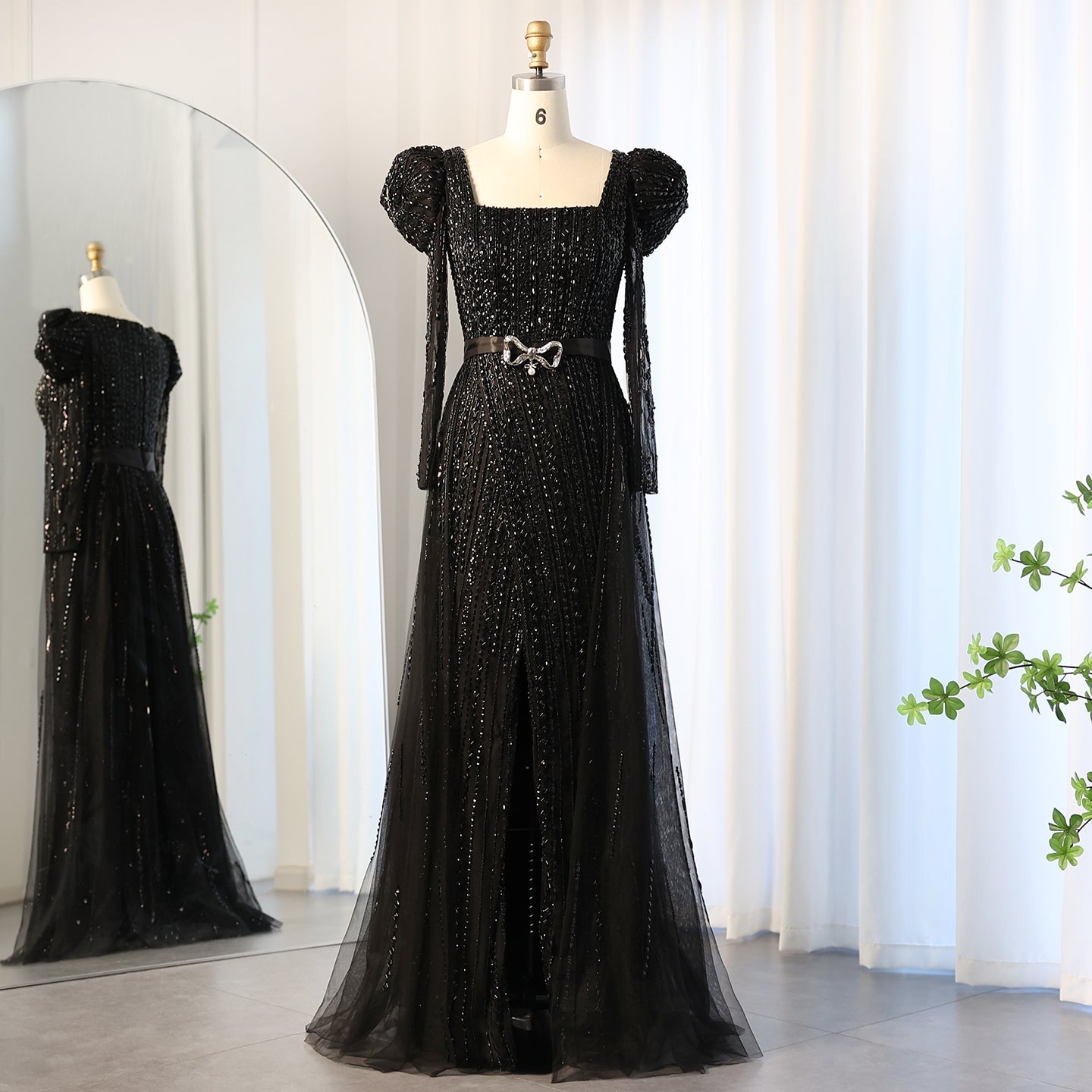 Luxury Fuchsia Long Sleeve Evening Dress with Overskirt SS318  Black / US 16