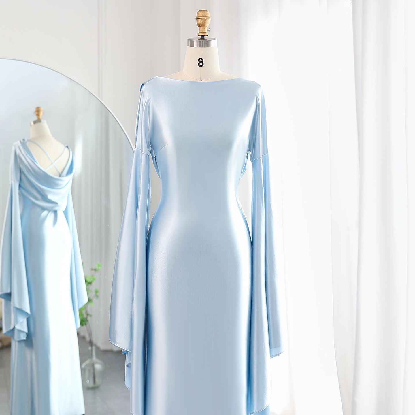 Light Blue Mermaid Evening Dress with Flare Long Sleeves SF027