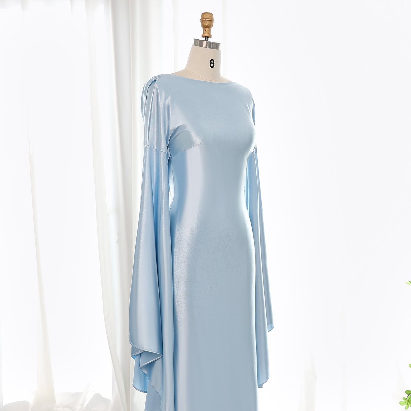 Light Blue Mermaid Evening Dress with Flare Long Sleeves SF027