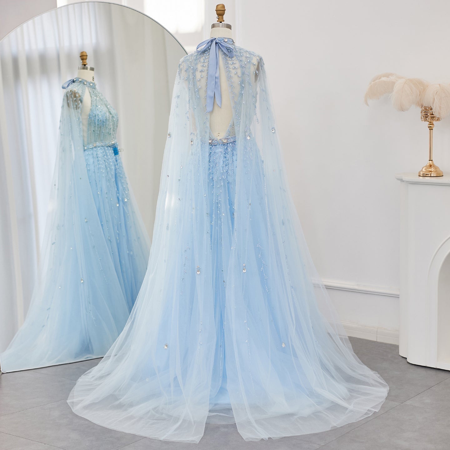 Luxury Beaded Evening Dress with Cape Sleeve SS495