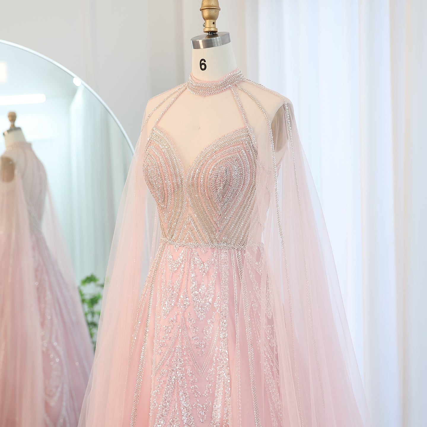Luxury Pink A-line Evening Dress with Cape Sleeves SS090