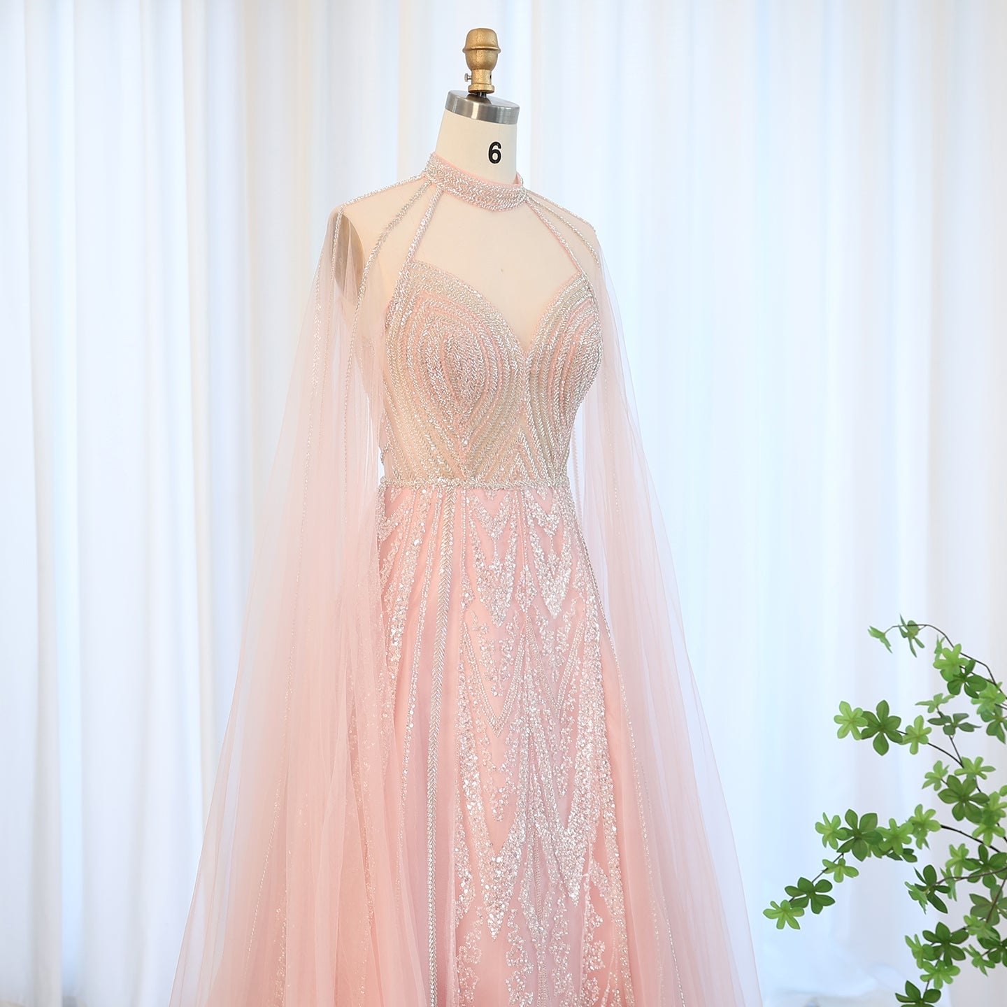 Luxury Pink A-line Evening Dress with Cape Sleeves SS090