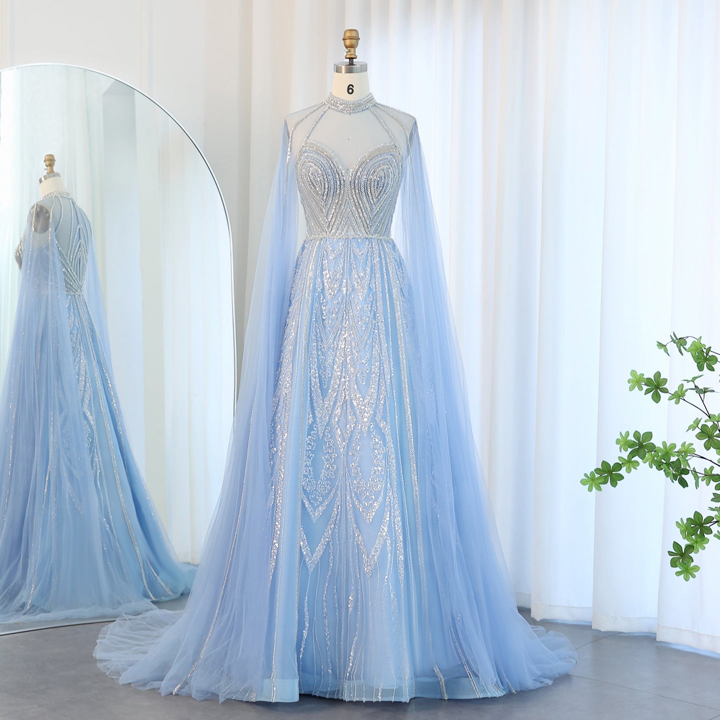 Luxury Pink A-line Evening Dress with Cape Sleeves SS090  Blue / US 20