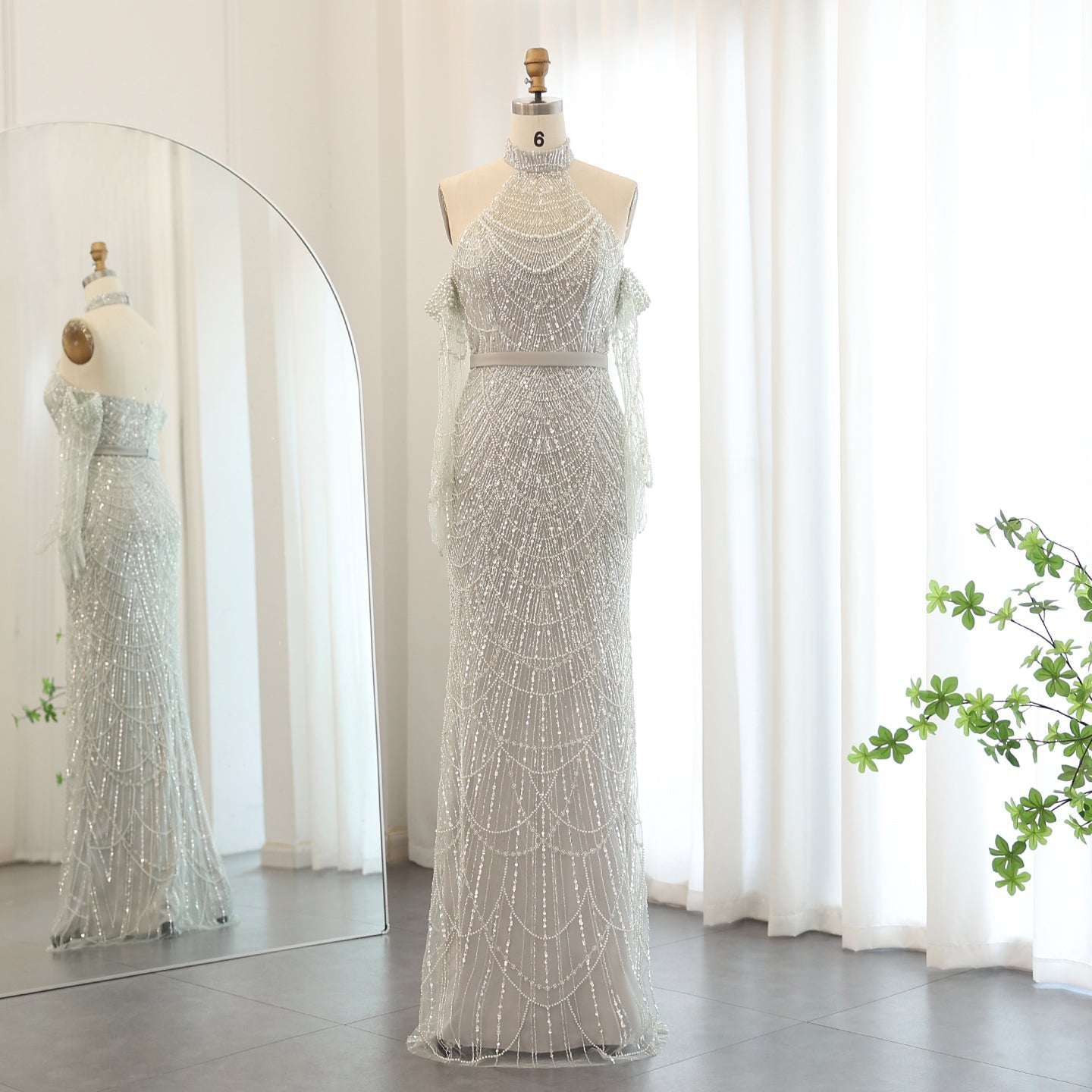 Luxury Nude Halter Mermaid Evening Dress with Gloves SS689 