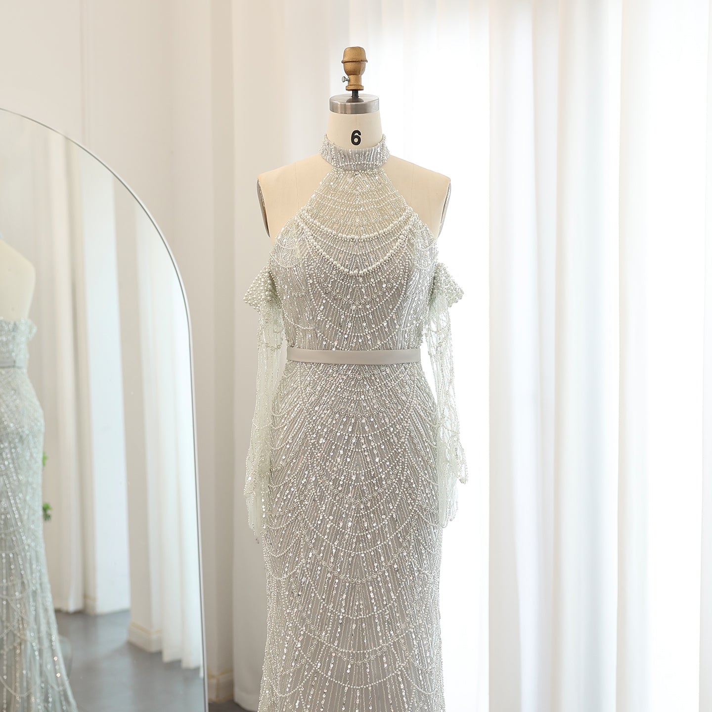 Luxury Nude Halter Mermaid Evening Dress with Gloves SS689 