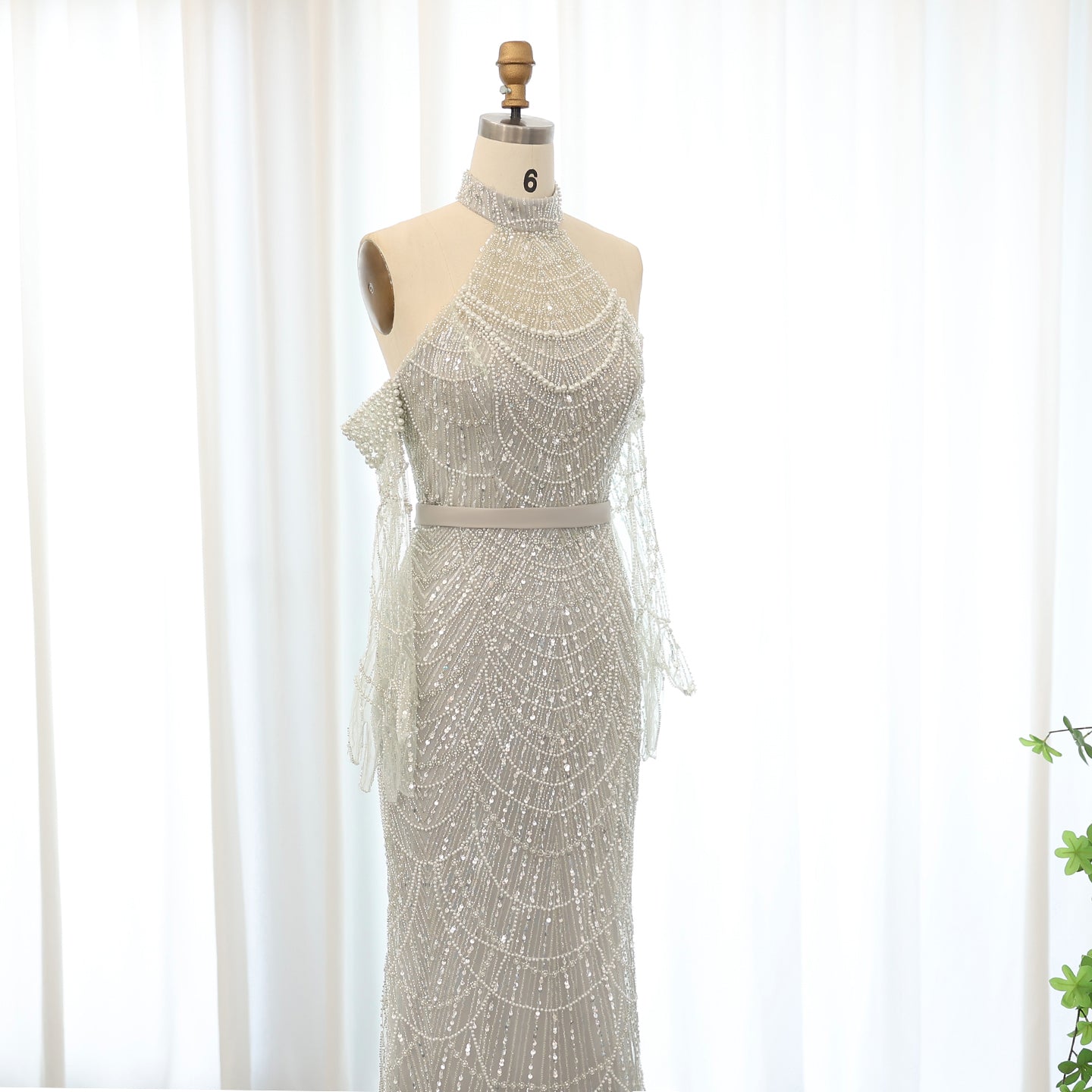 Luxury Nude Halter Mermaid Evening Dress with Gloves SS689 