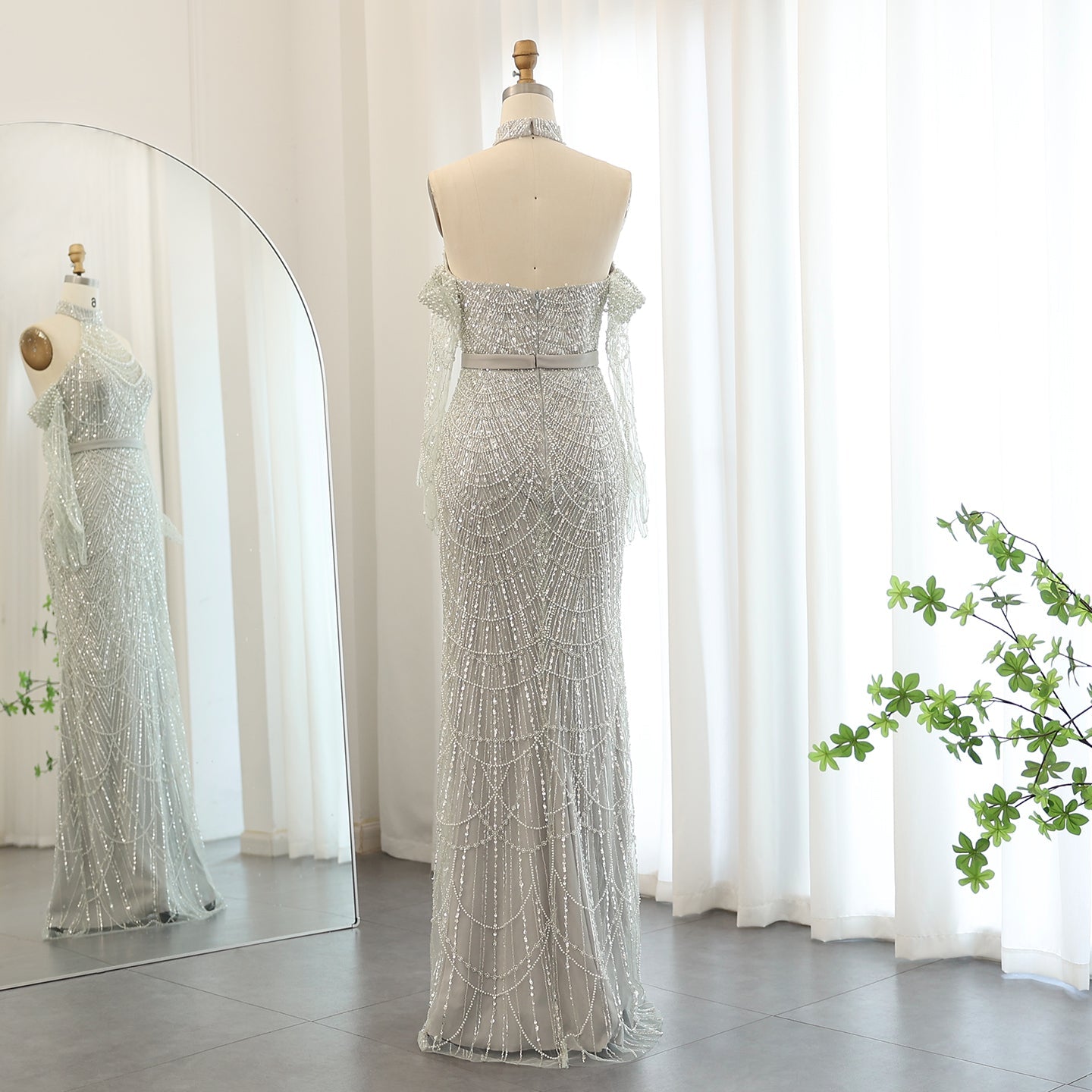 Luxury Nude Halter Mermaid Evening Dress with Gloves SS689 