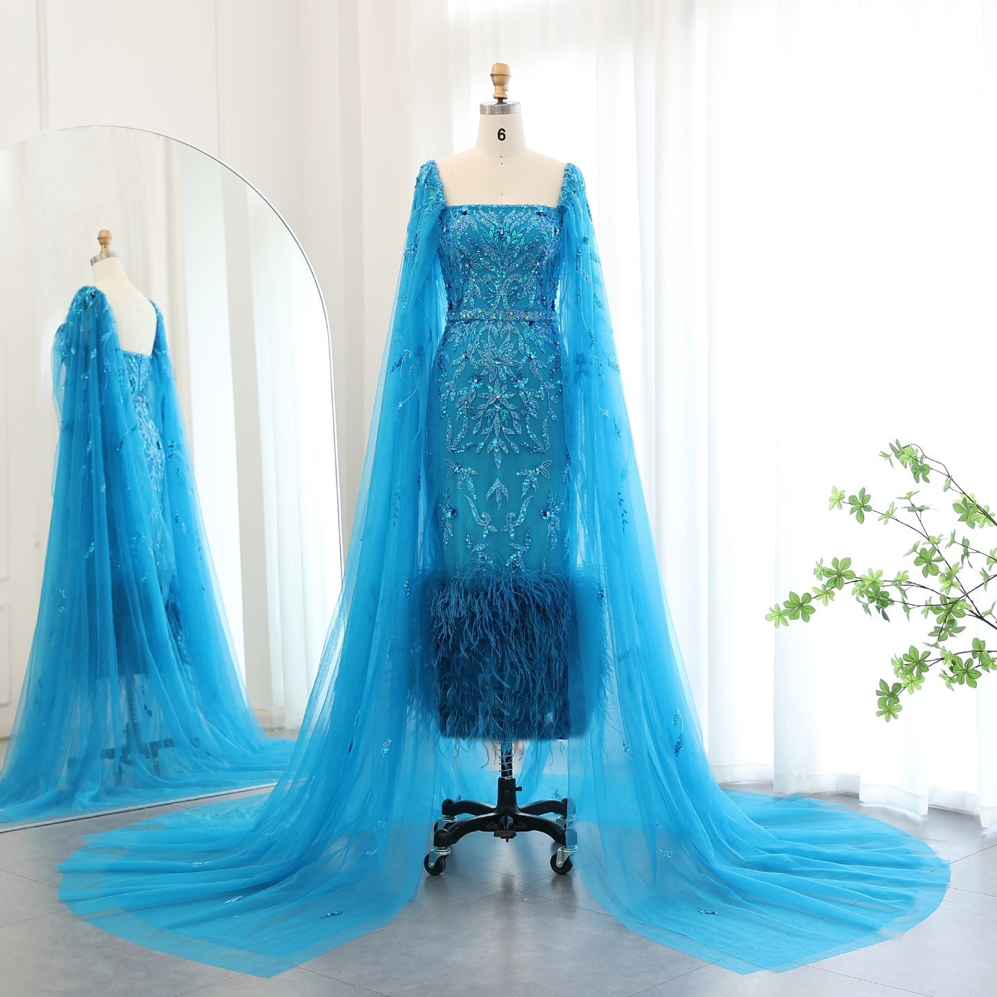 Luxury Feathers Lilac Evening Dress with Cape Sleeves SS381  Turquoise / US 14