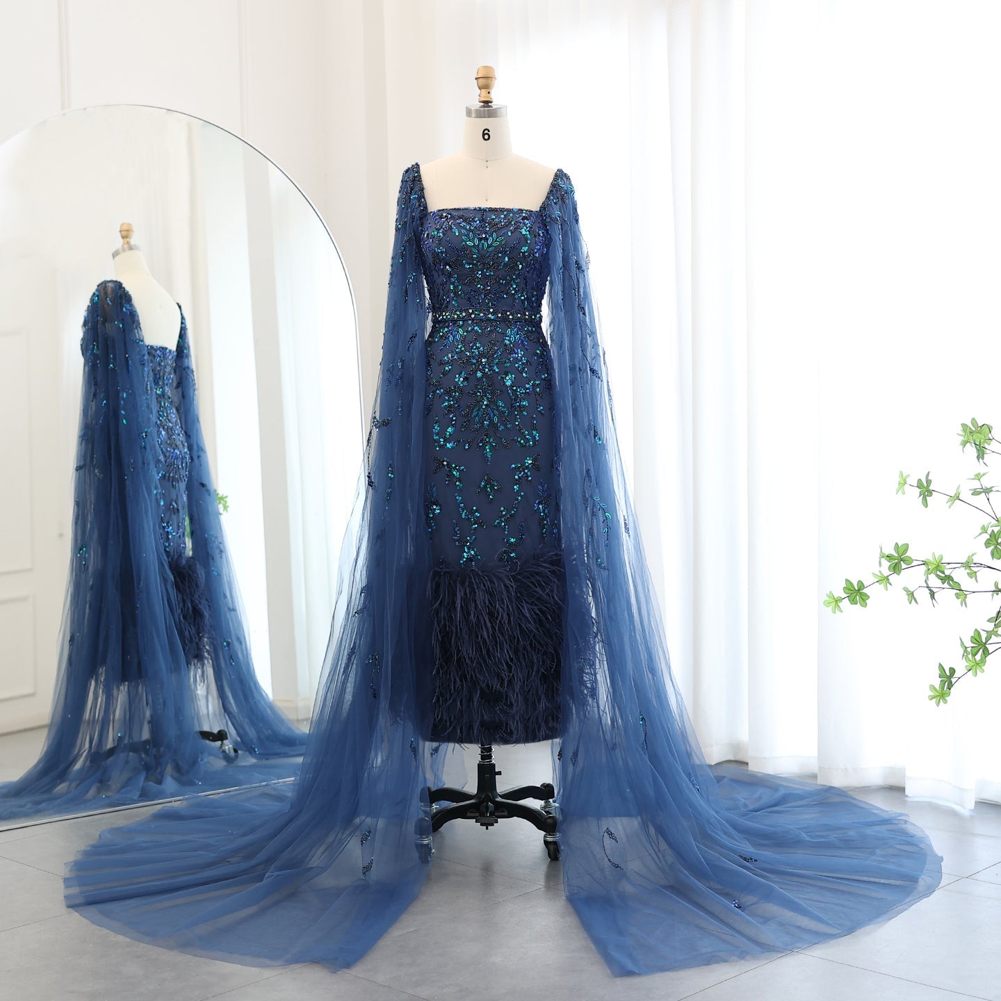 Luxury Feathers Lilac Evening Dress with Cape Sleeves SS381  Navy Blue / US 12