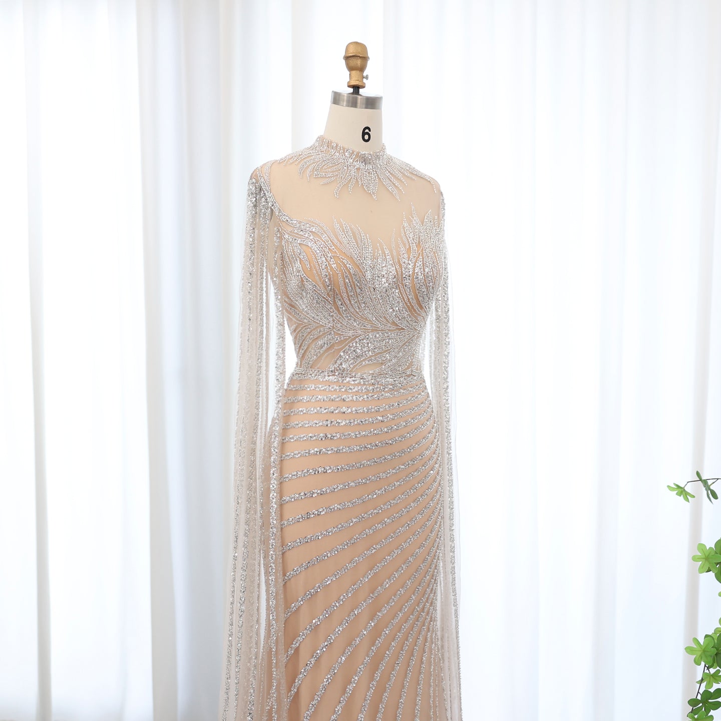 Luxury Caramel Evening Dress with Cape Sleeves SS179