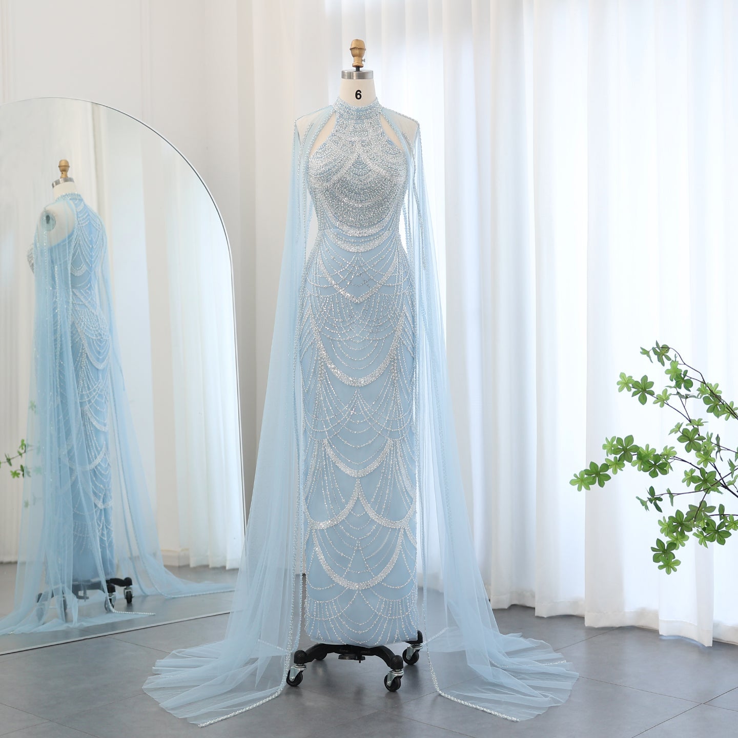 Luxury Black Evening Dress with Cape Sleeves SS209  Light Blue / US 20