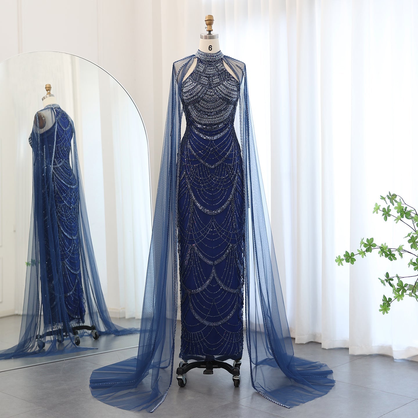 Luxury Black Evening Dress with Cape Sleeves SS209  Navy Blue / US 20