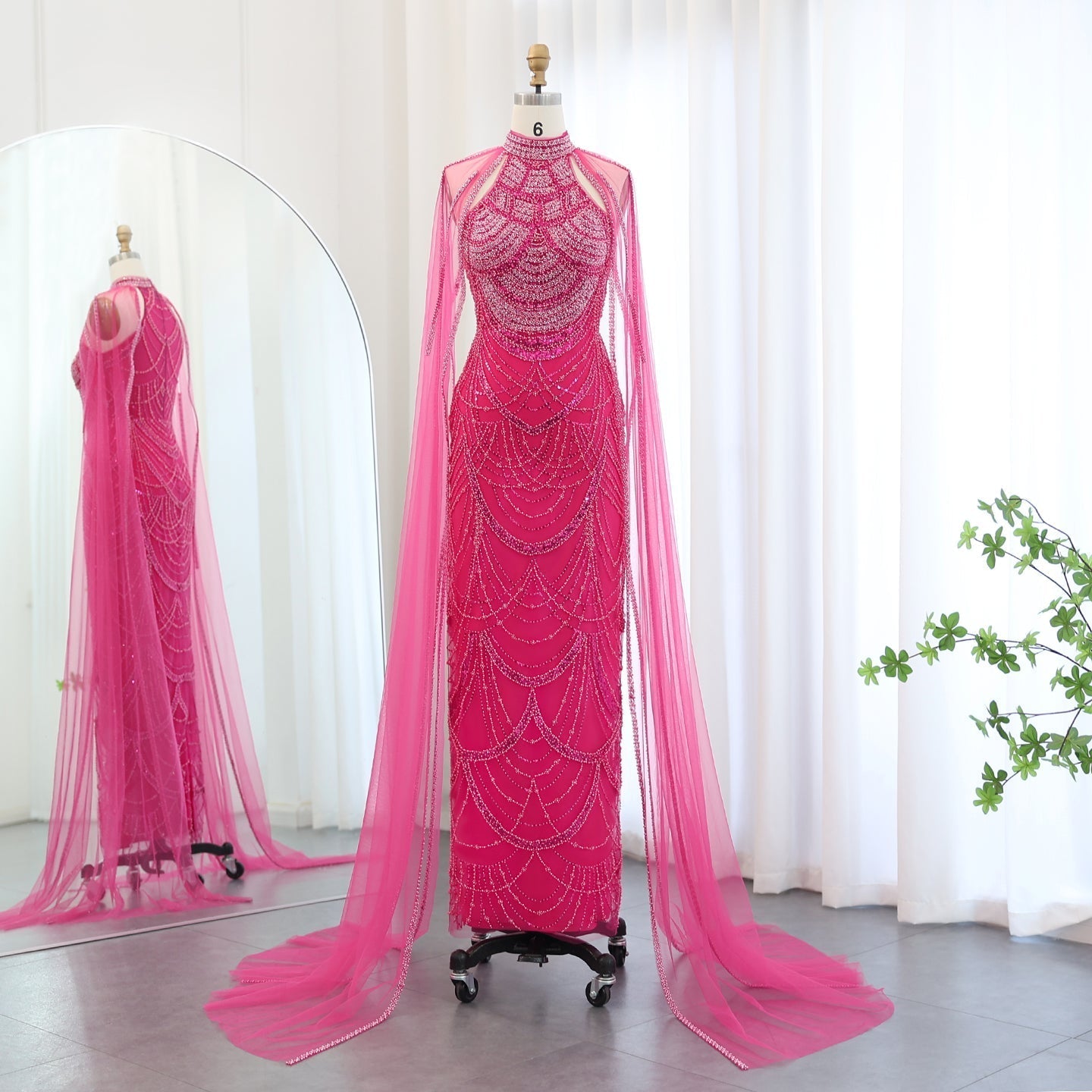 Luxury Black Evening Dress with Cape Sleeves SS209  Fuchsia / US 20