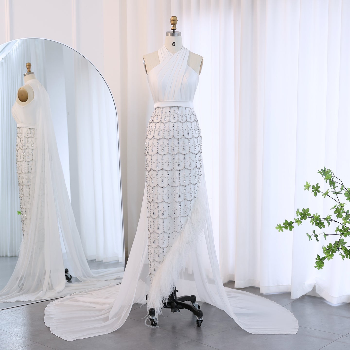 Luxury Feather White Halter Evening Dress with Cape SS350