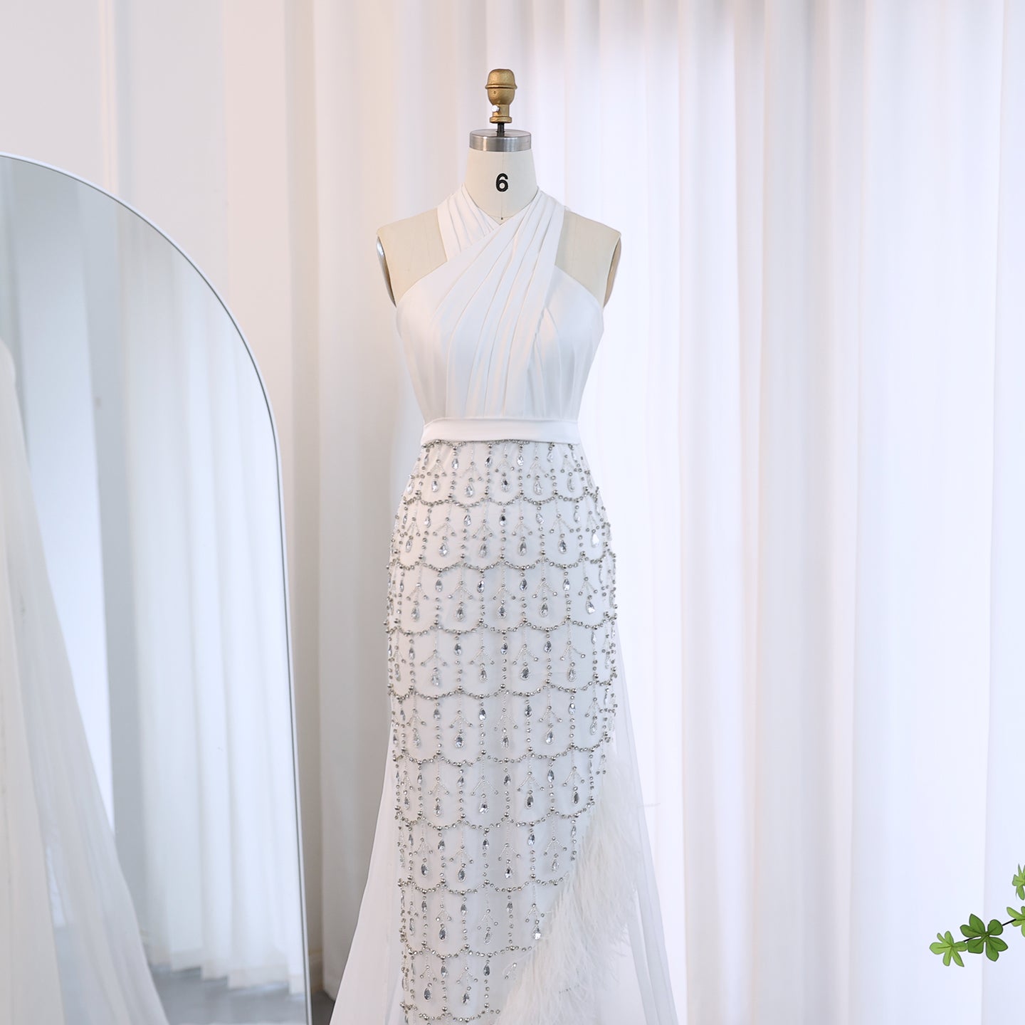Luxury Feather White Halter Evening Dress with Cape SS350