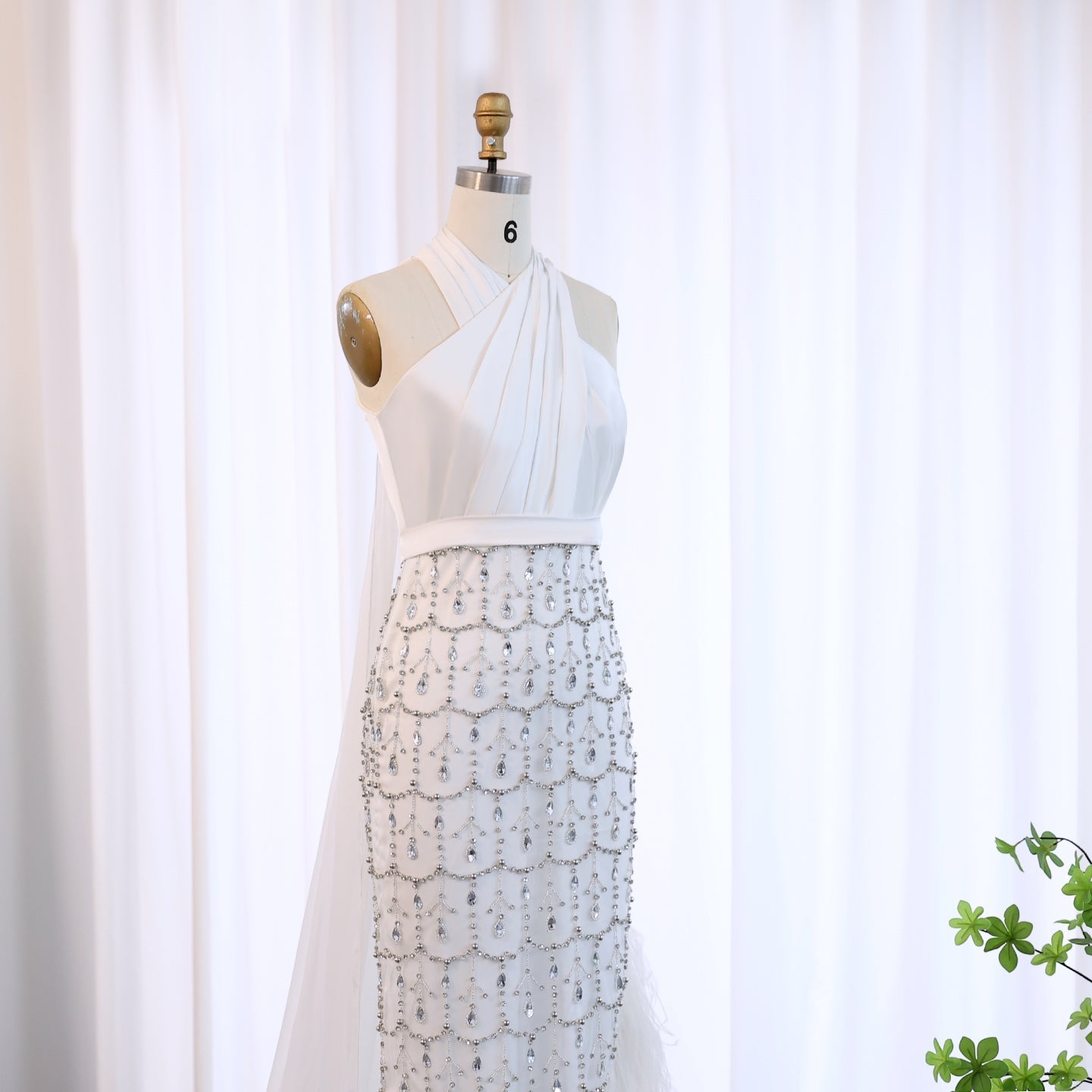 Luxury Feather White Halter Evening Dress with Cape SS350