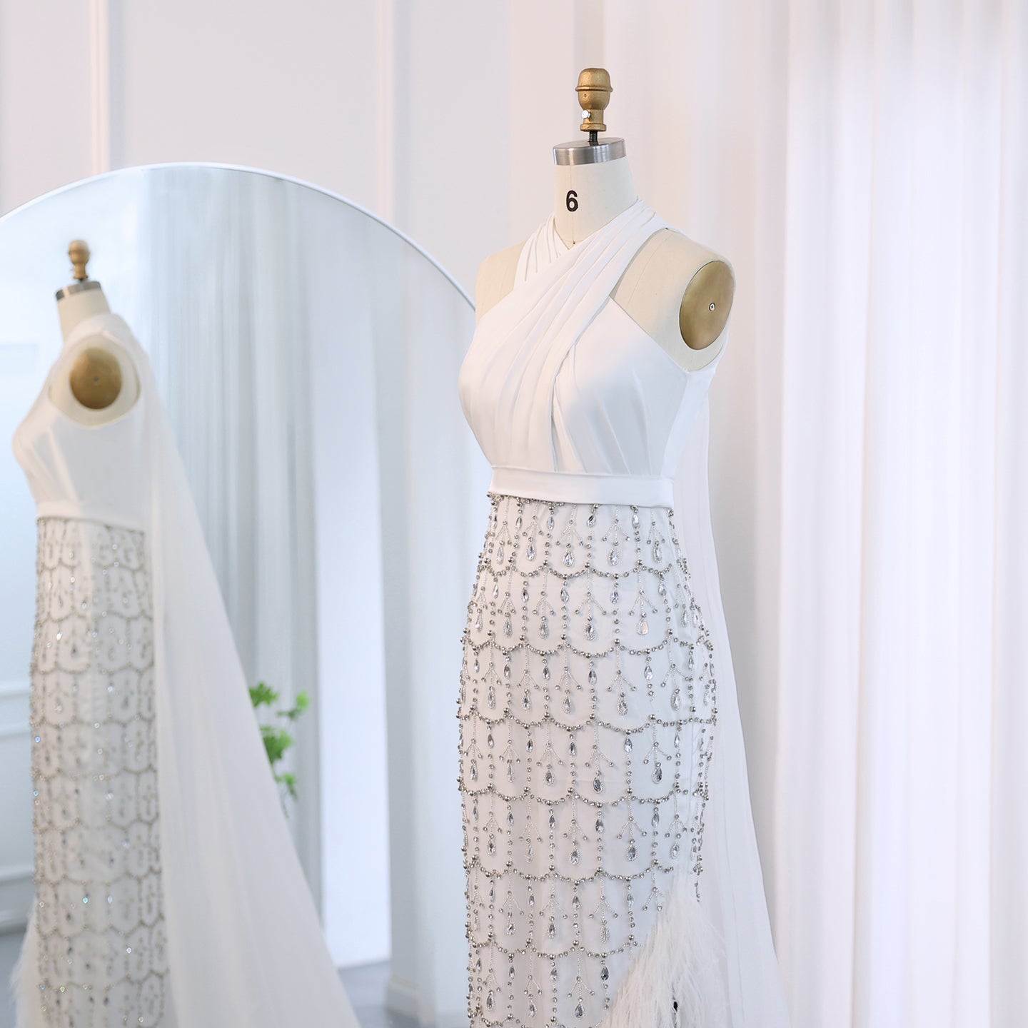 Luxury Feather White Halter Evening Dress with Cape SS350