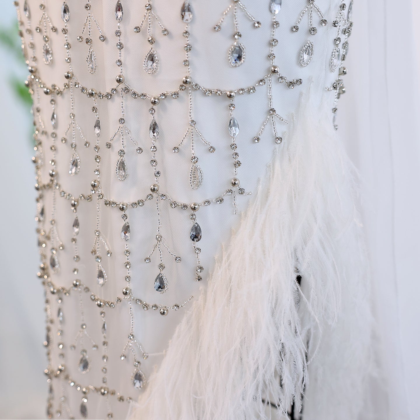 Luxury Feather White Halter Evening Dress with Cape SS350