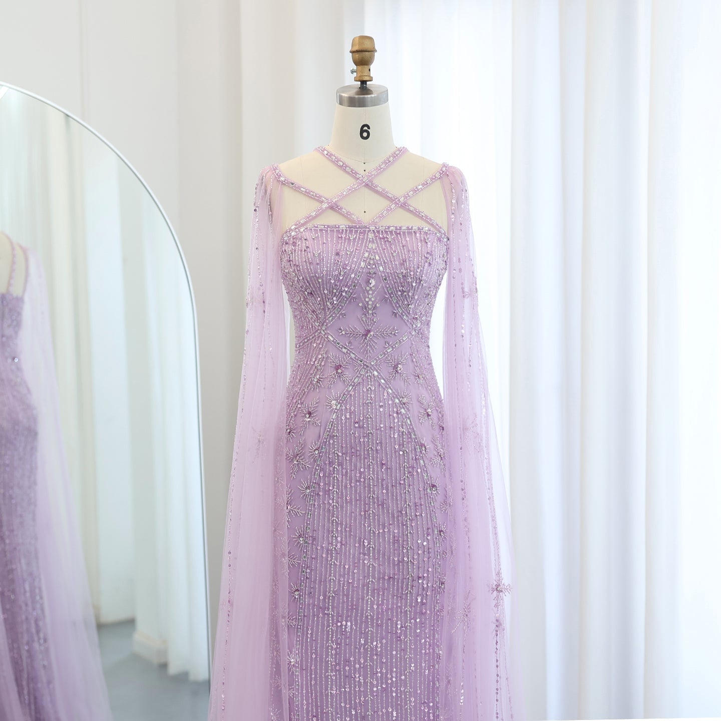 Luxury Aqua Crisscross Evening Dress with Cape Sleeves SS391