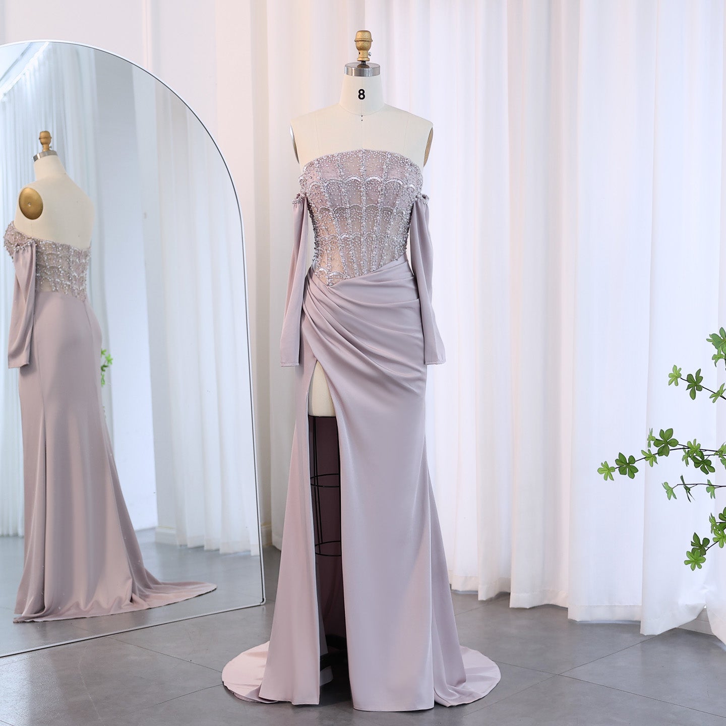 Luxury White Scalloped Evening Dress with High Slit SS416  Pink / US 16