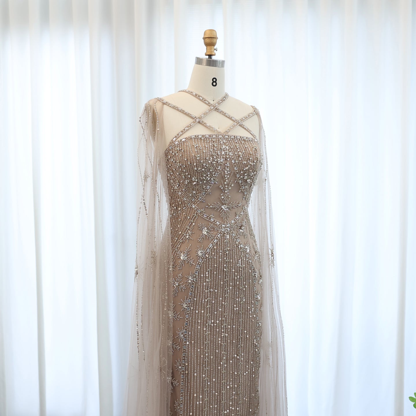 Luxury Aqua Crisscross Evening Dress with Cape Sleeves SS391