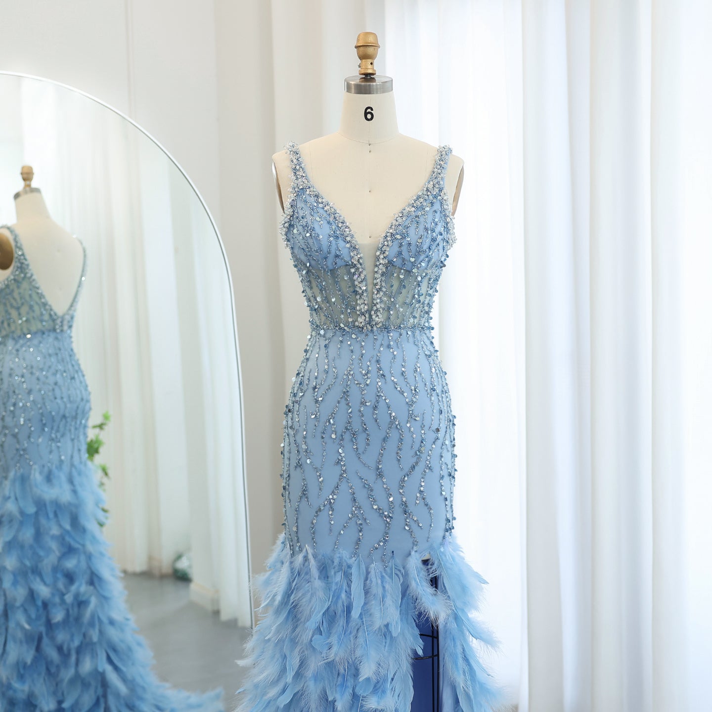 Luxury Feathers Pink Spaghetti Evening Dress with Slit SS184