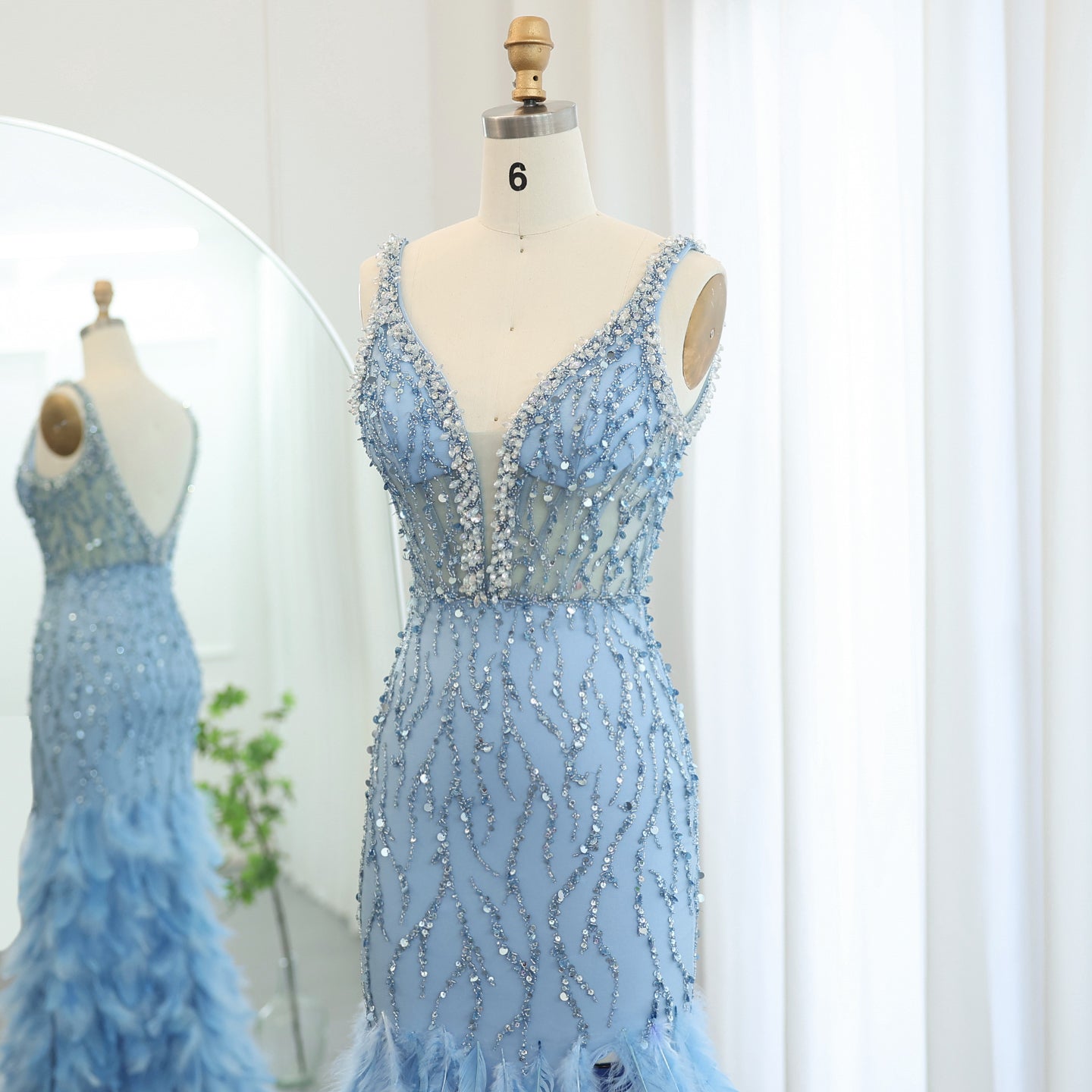 Luxury Feathers Pink Spaghetti Evening Dress with Slit SS184