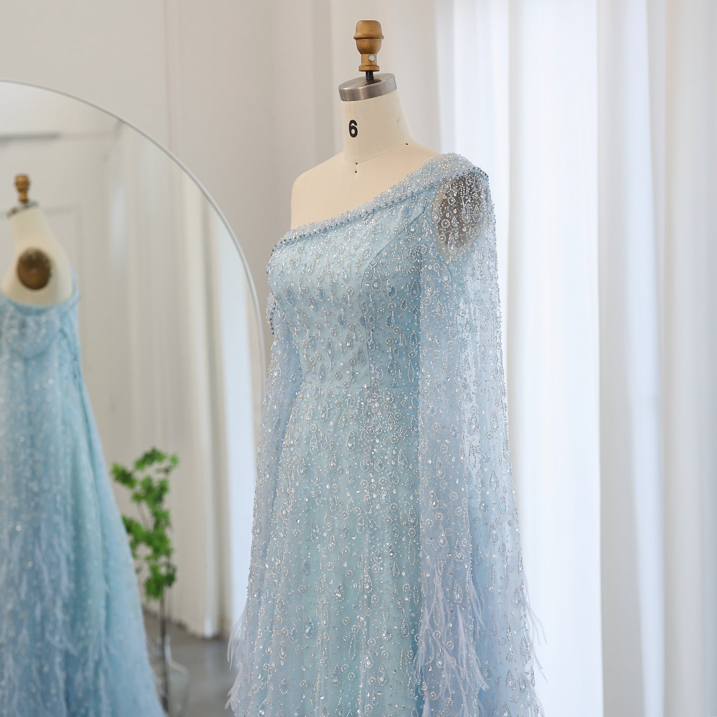 Luxury Feather One Shoulder Evening Dress with Cape Sleeves SS438