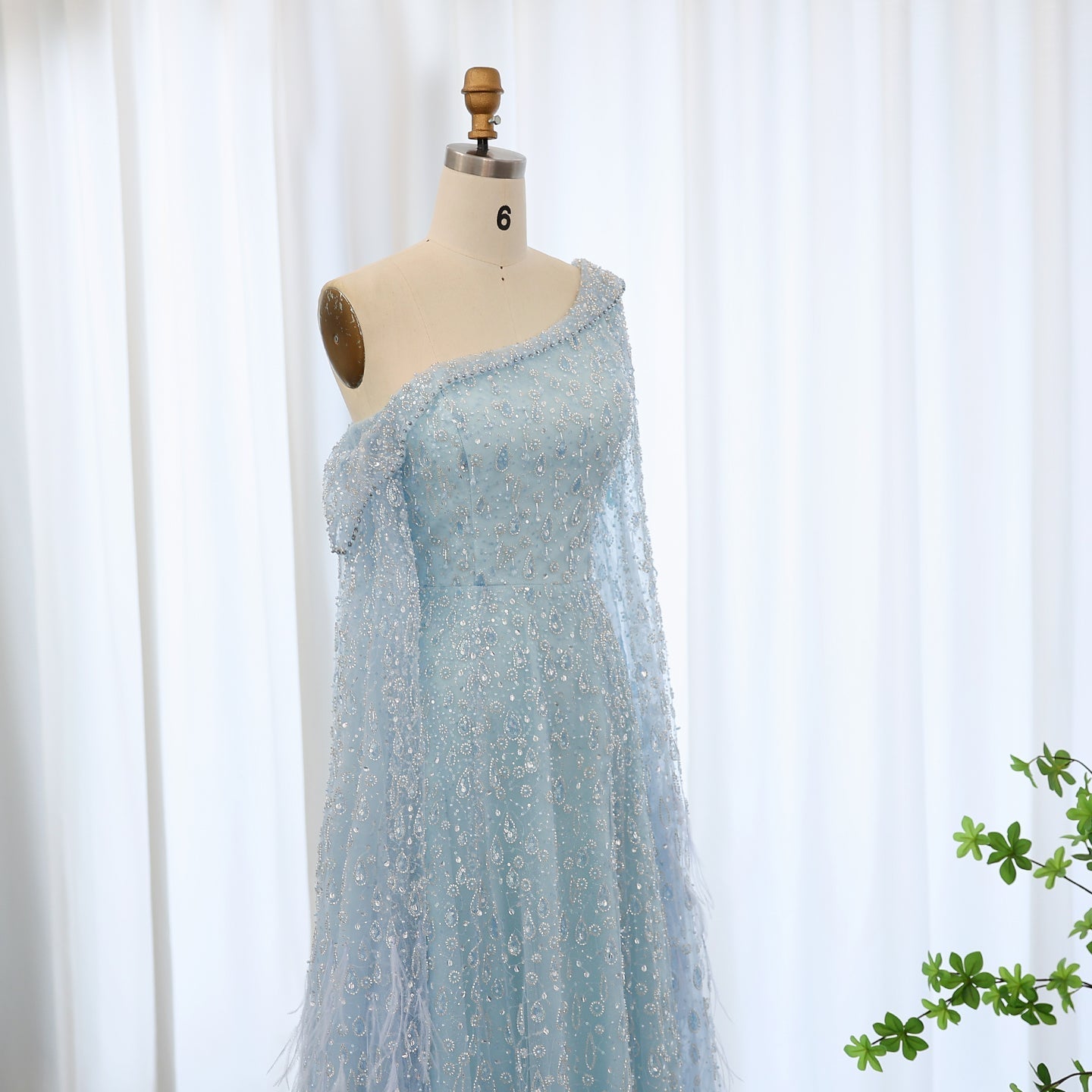 Luxury Feather One Shoulder Evening Dress with Cape Sleeves SS438