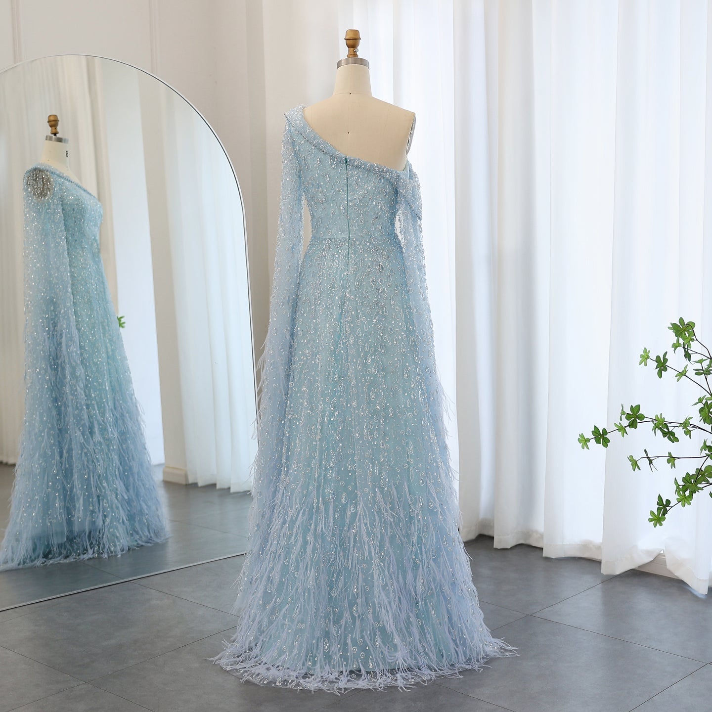 Luxury Feather One Shoulder Evening Dress with Cape Sleeves SS438