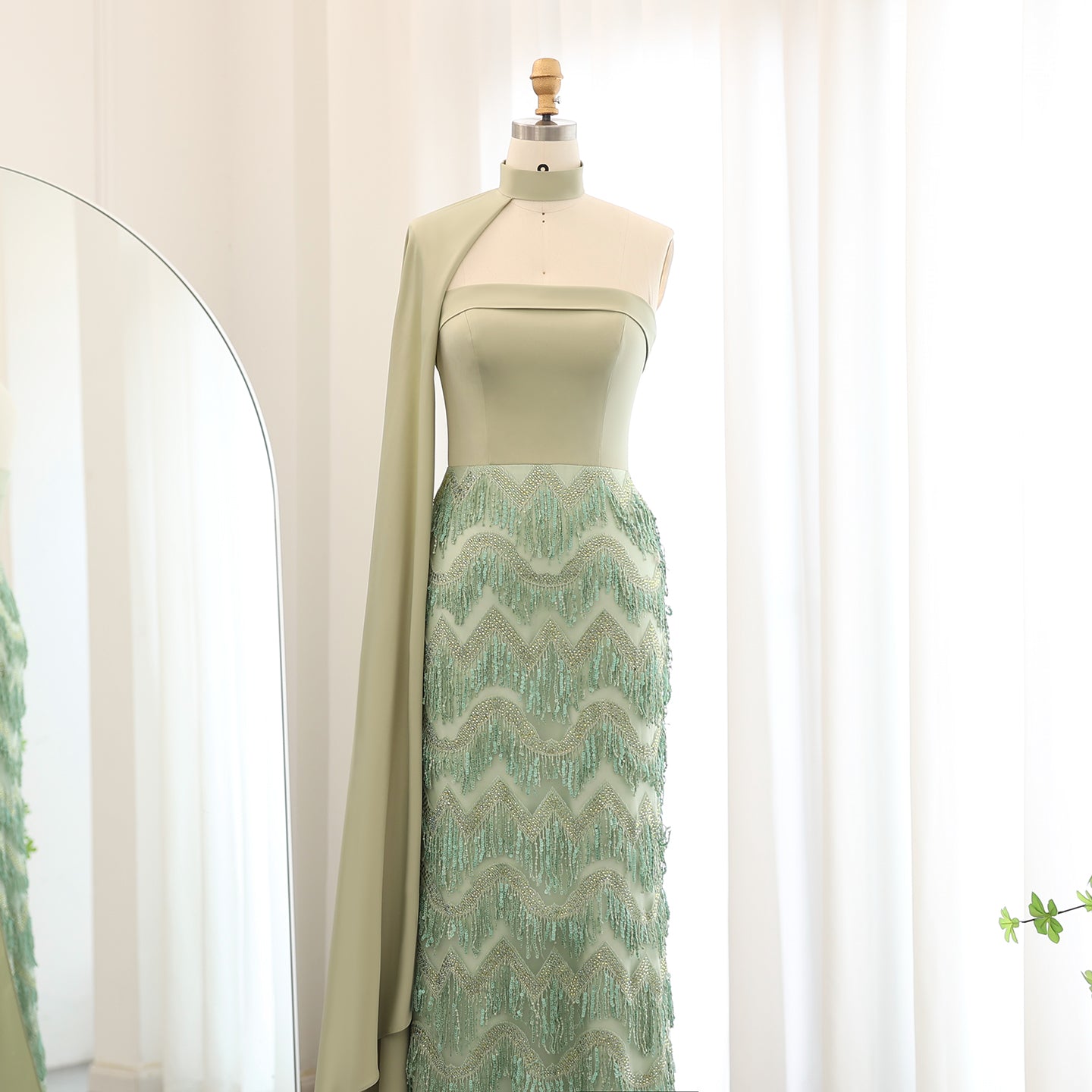 Blue Tassel Strapless Evening Dress with Cape Sleeve SS143