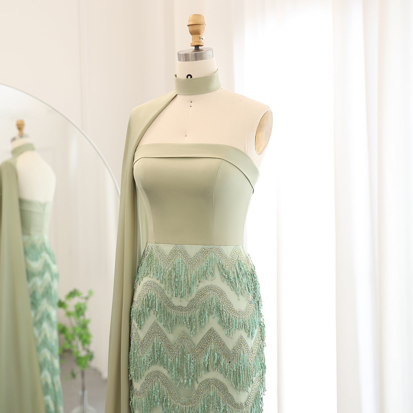 Blue Tassel Strapless Evening Dress with Cape Sleeve SS143