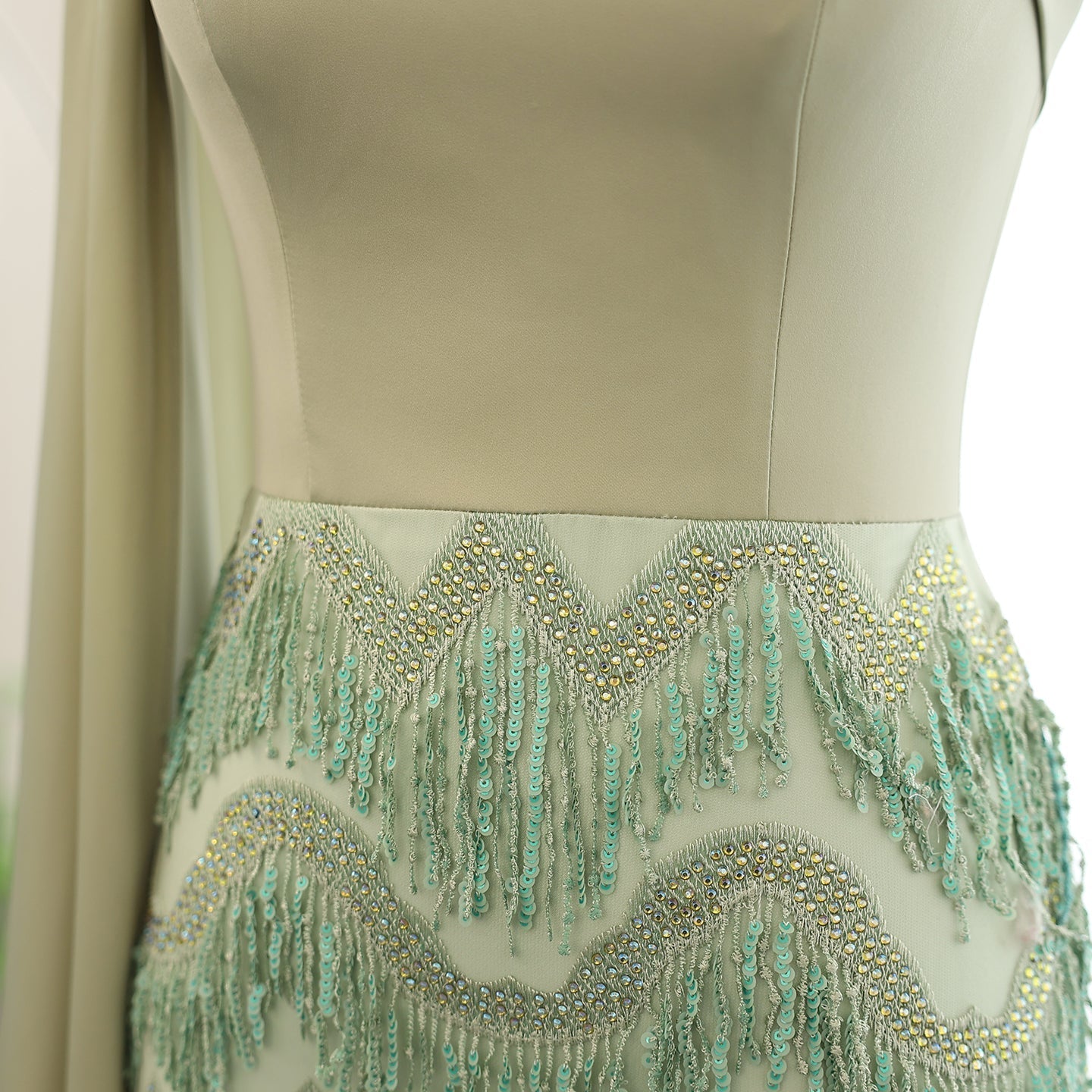 Blue Tassel Strapless Evening Dress with Cape Sleeve SS143