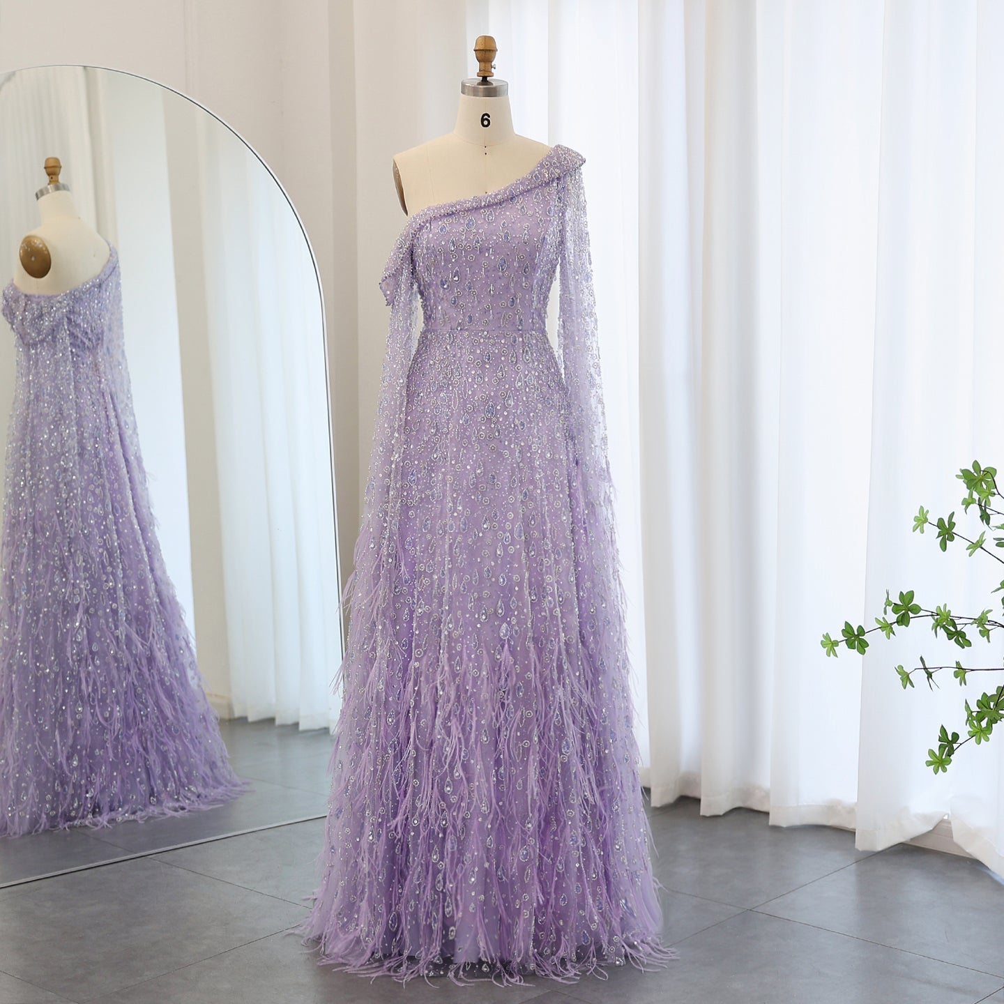 Luxury Feather One Shoulder Evening Dress with Cape Sleeves SS438  Lilac / US 20