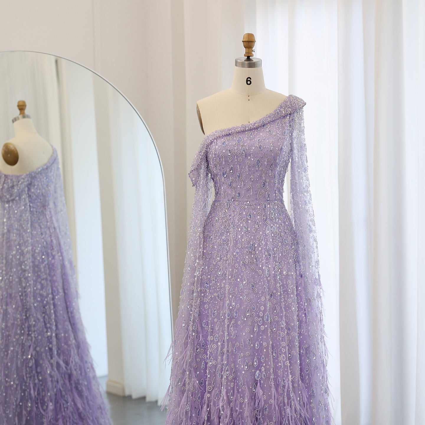 Luxury Feather One Shoulder Evening Dress with Cape Sleeves SS438