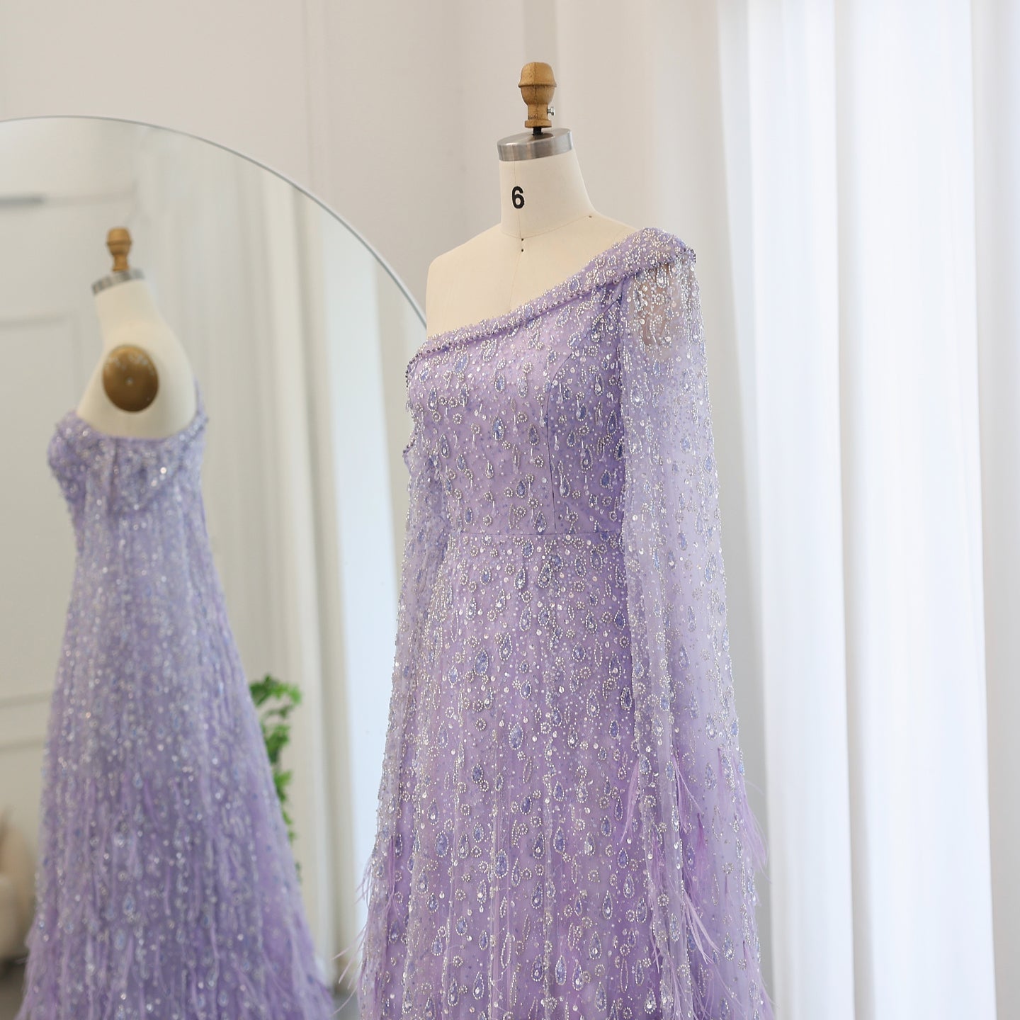 Luxury Feather One Shoulder Evening Dress with Cape Sleeves SS438