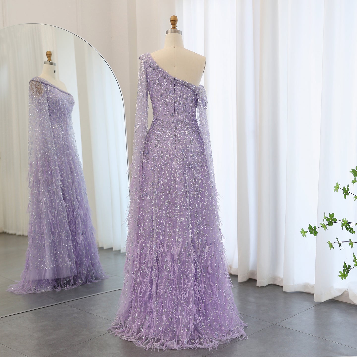 Luxury Feather One Shoulder Evening Dress with Cape Sleeves SS438