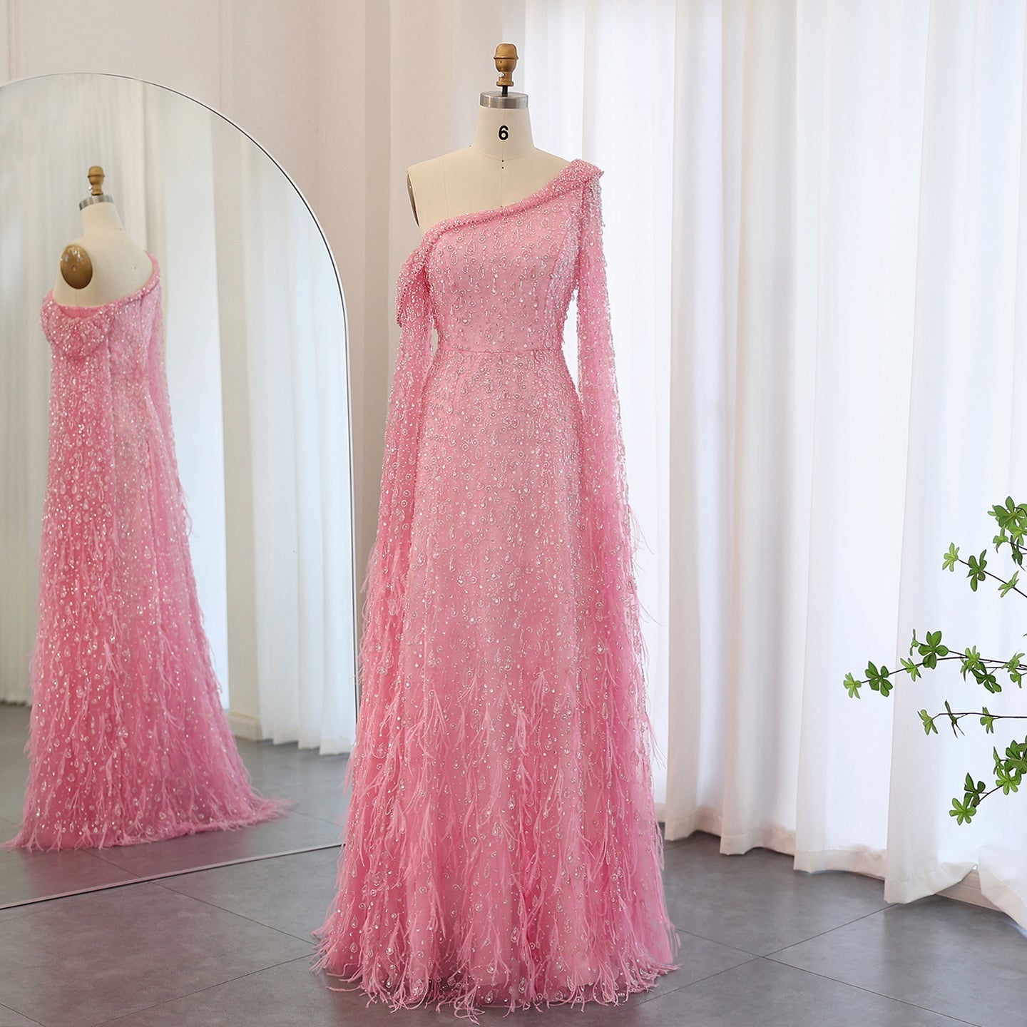 Luxury Feather One Shoulder Evening Dress with Cape Sleeves SS438  Pink / US 20