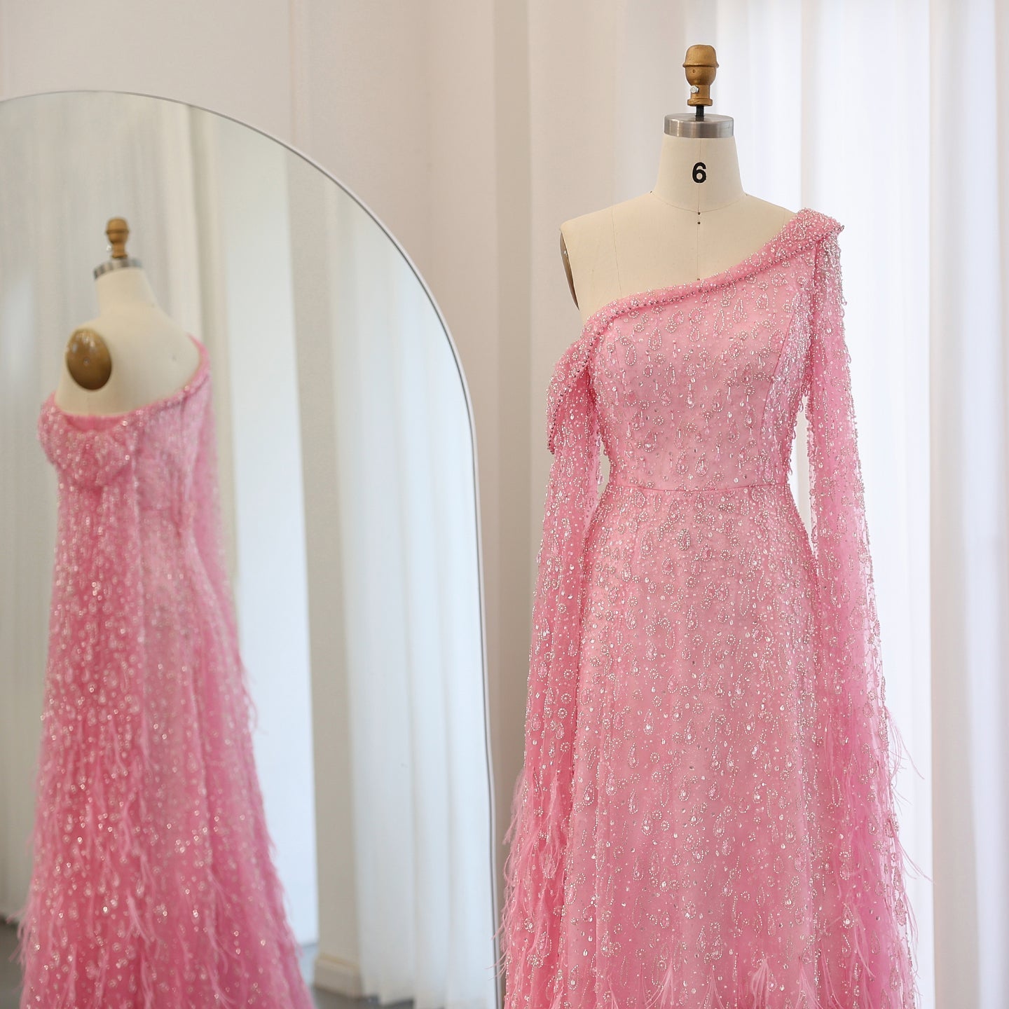 Luxury Feather One Shoulder Evening Dress with Cape Sleeves SS438