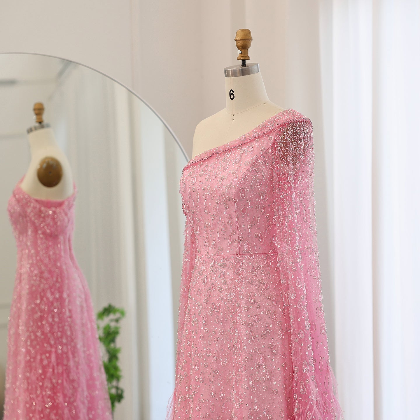 Luxury Feather One Shoulder Evening Dress with Cape Sleeves SS438