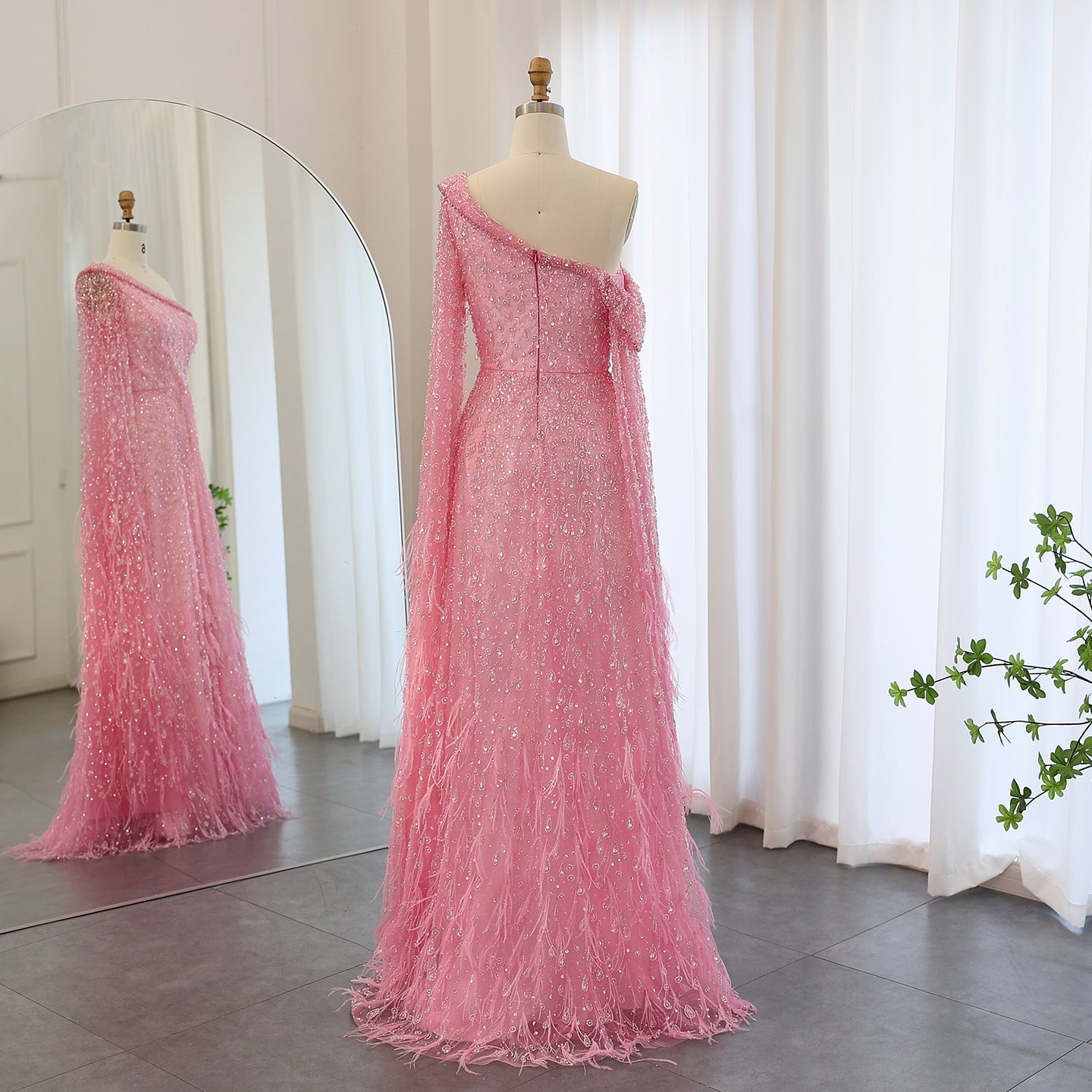 Luxury Feather One Shoulder Evening Dress with Cape Sleeves SS438