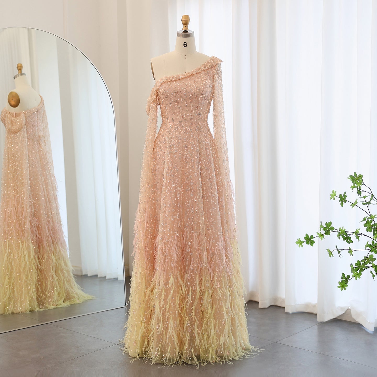 Luxury Feather One Shoulder Evening Dress with Cape Sleeves SS438  Rose Gold / US 20