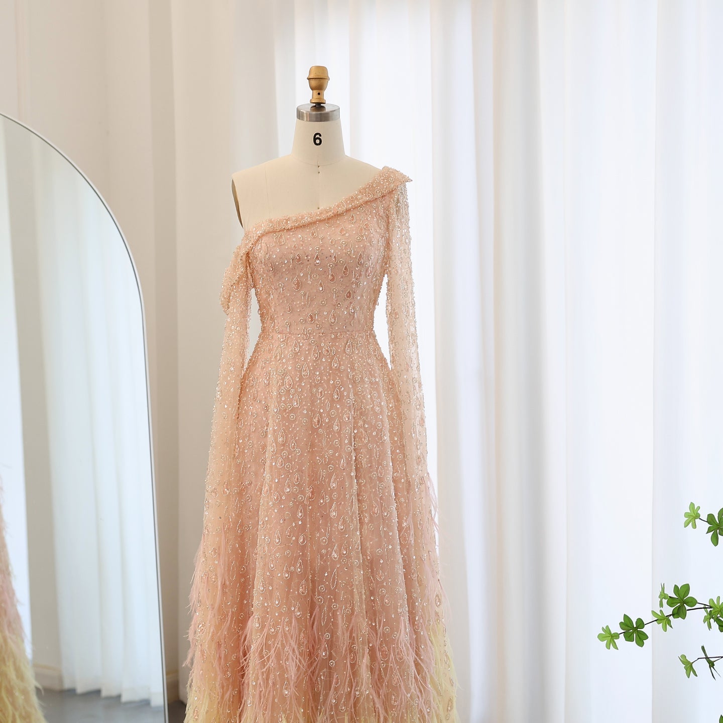 Luxury Feather One Shoulder Evening Dress with Cape Sleeves SS438