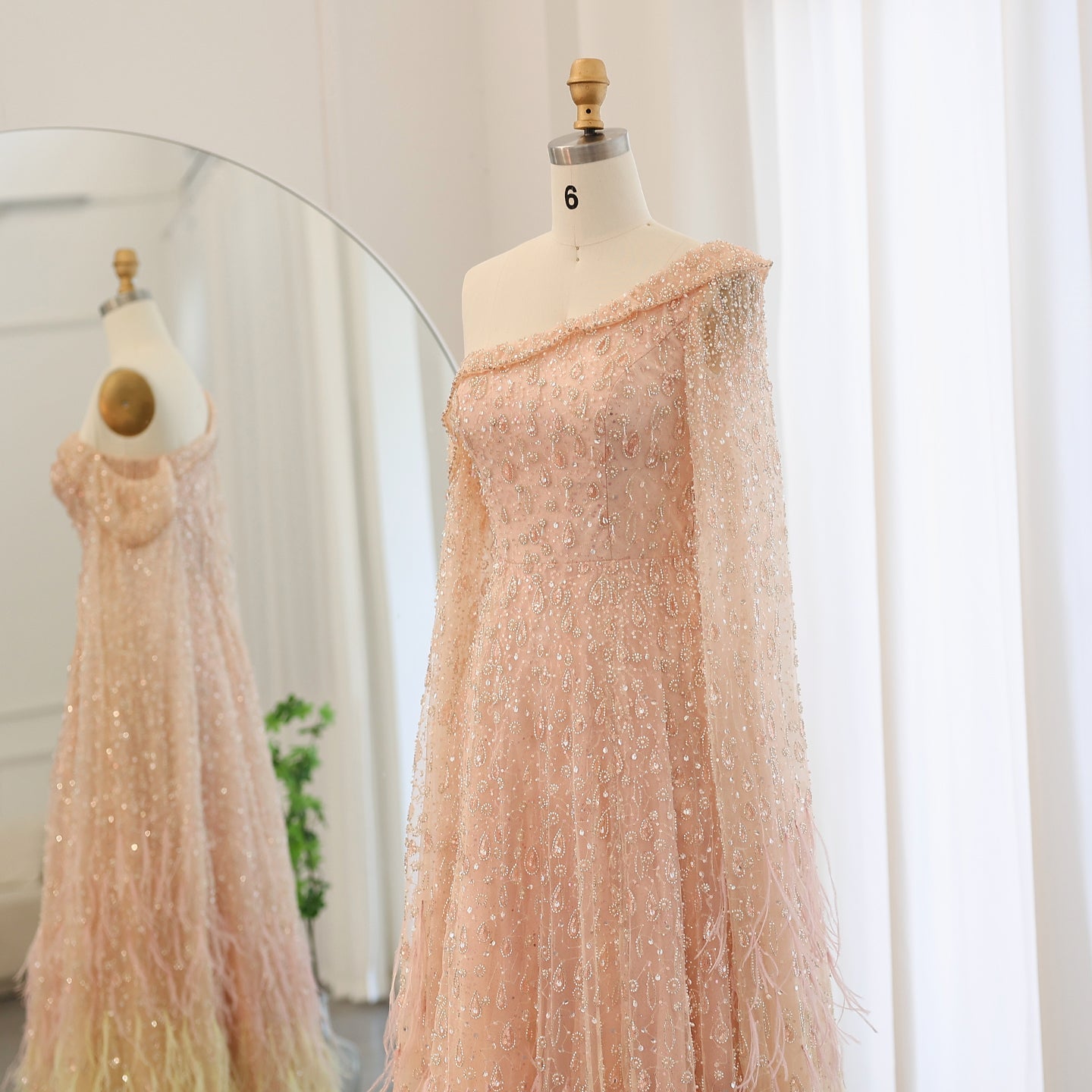 Luxury Feather One Shoulder Evening Dress with Cape Sleeves SS438