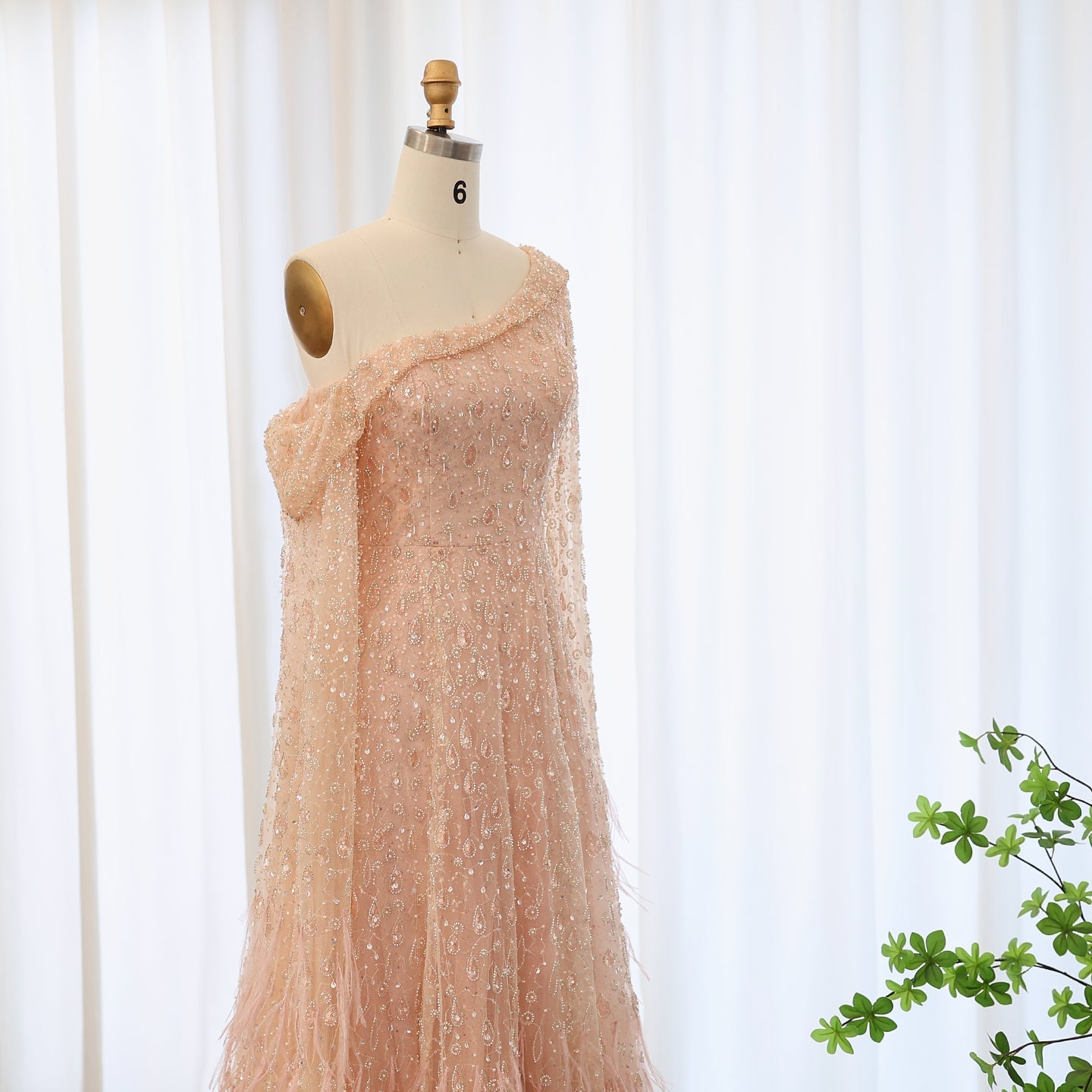 Luxury Feather One Shoulder Evening Dress with Cape Sleeves SS438